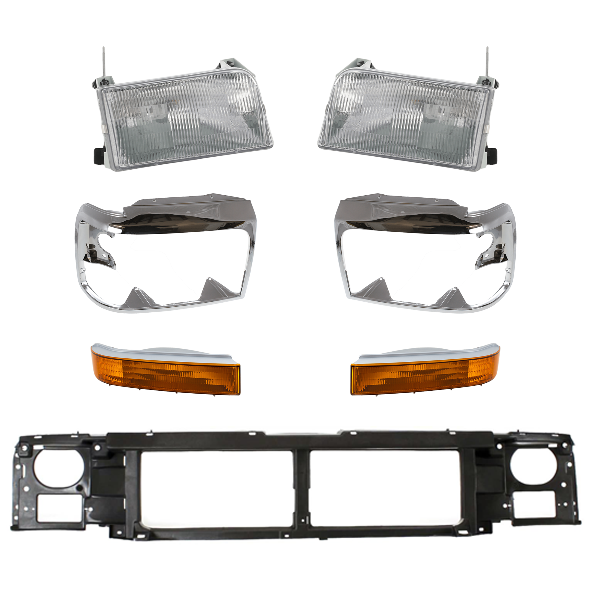 AM F SERIES 92-97 HEADER PANEL 7 pc Kit w Headlight Headlight Door and Turn Signal Light Grille Mounting Panel SKU KIT 072424-16 Partslink FO1220113 FO2502118 FO2503114 FO2512130 FO2513131 FO2520116 FO2521114 OEM F6TZ8A284AC F2TZ13008B F2TZ130