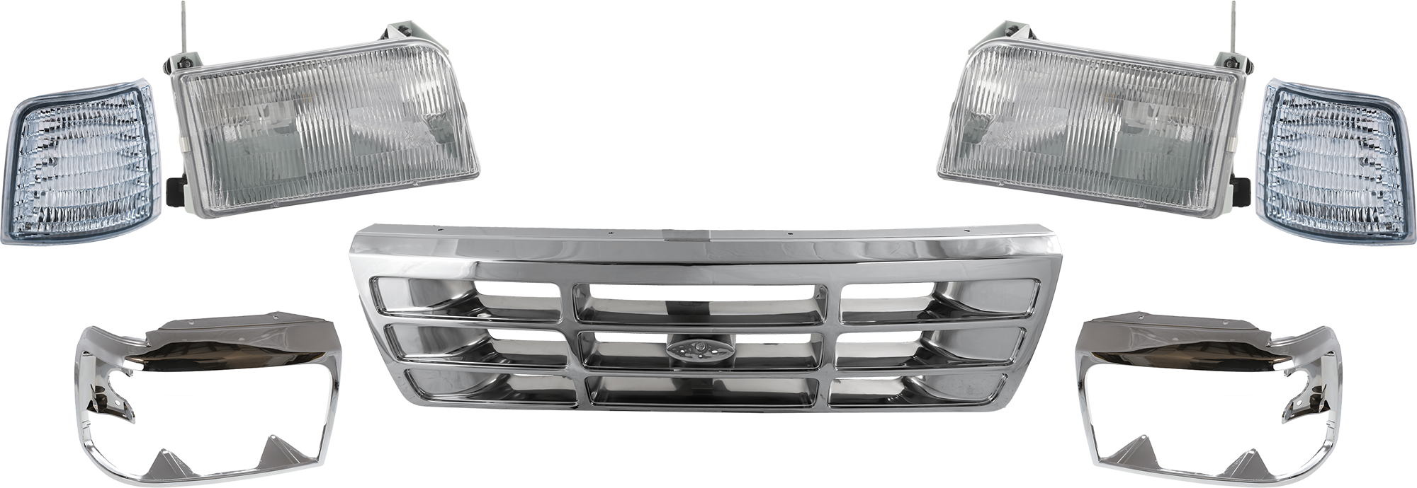 AM F SERIES 92-97 GRILLE 7 pc Kit w Corner Light Headlight and Headlight Door Plastic Chrome Shell Painted Gray Insert SKU KIT 072424-17 Partslink FO1200173 FO2550110 FO2551108 FO2503114 FO2502118 FO2512130 FO2513131 OEM F4TZ8200A F2TZ15A201D F2TZ15A2