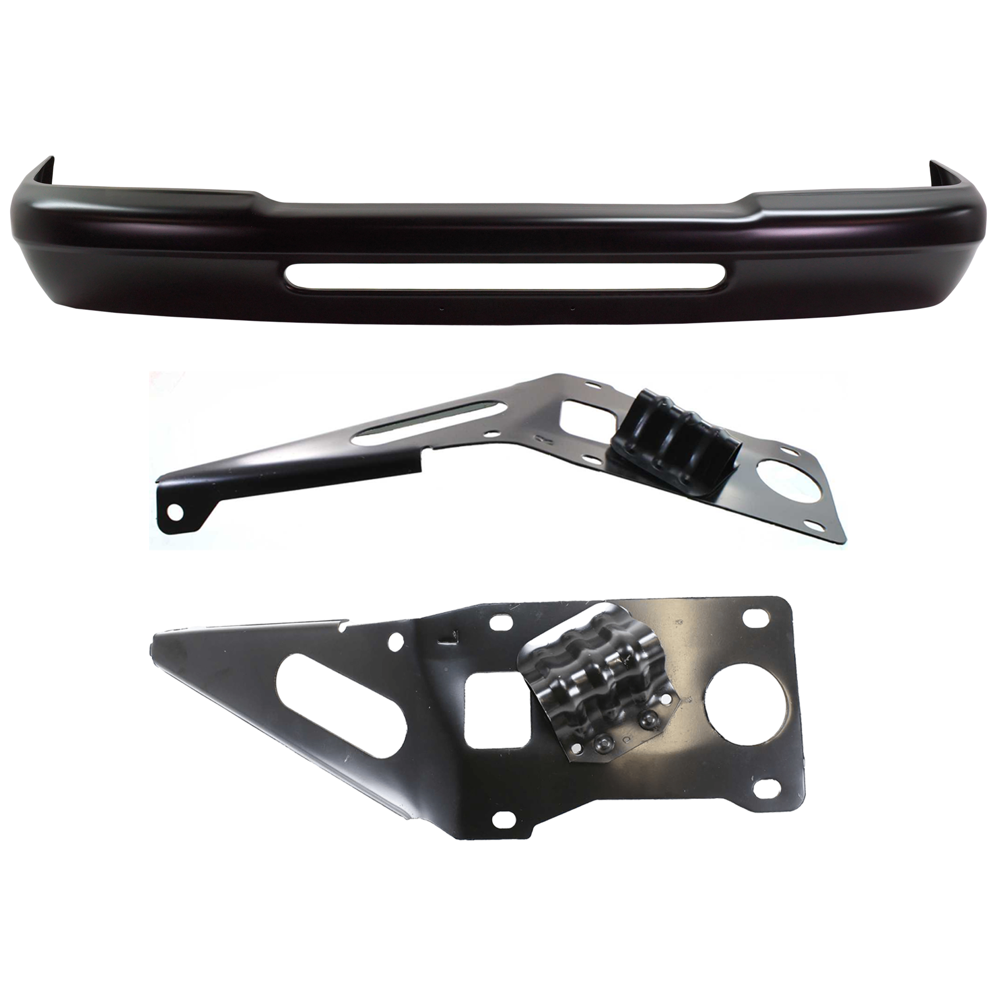 AM RANGER 93-97 FRONT BUMPER 3 pc kit w Bumper Bracket Black PTM w o Molding Holes SKU KIT 072424-25 Partslink FO1002243 FO1067123 FO1066123 OEM YL2Z17757CAB PFM F37Z17752A F3