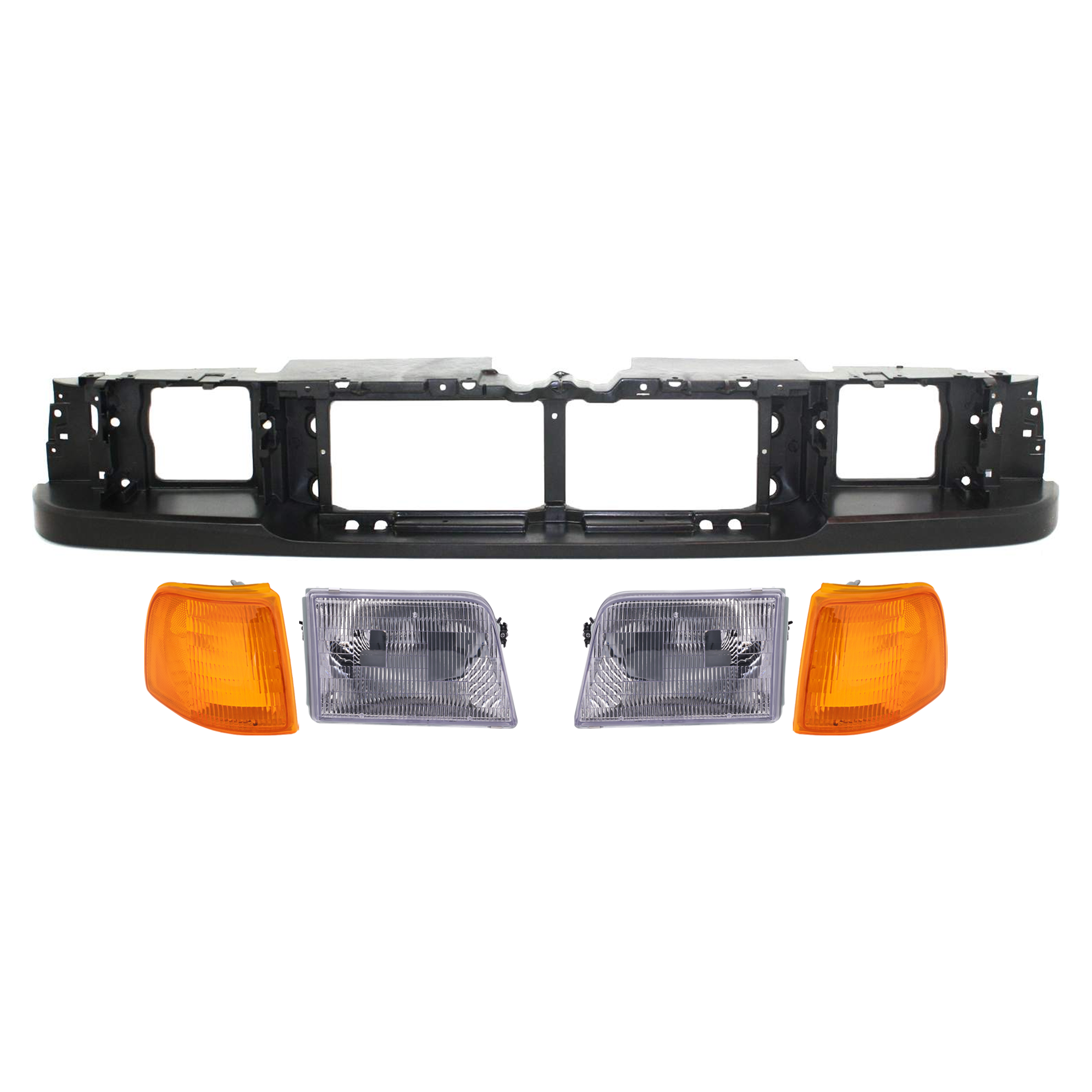 AM RANGER 93-97 HEADER PANEL 5 pc Kit w Corner Light and Headlight Grille Mounting ABS Plastic SKU KIT 072424-26 Partslink FO1220193 FO2520118 FO2521116 FO2503115 FO2502119 OEM F67Z8190AA F37Z13201A F37Z1320