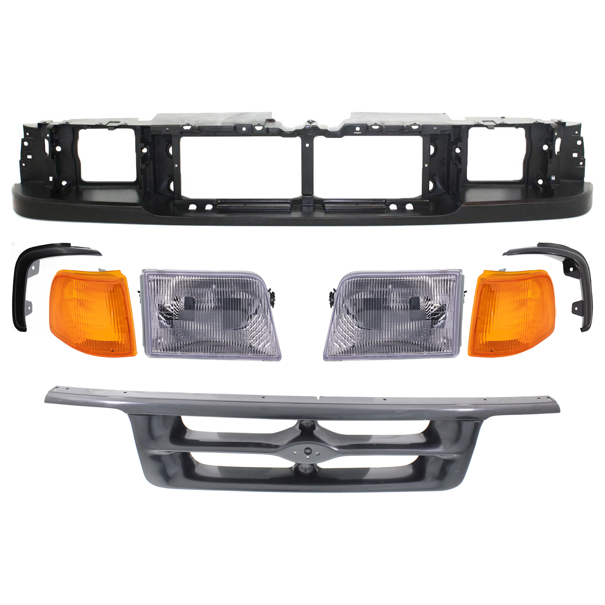 AM RANGER 93-97 HEADER PANEL 8 pc Kit w Corner Light Headlight and Grille Assembly Grille Mounting ABS Plastic SKU KIT 072424-27 Partslink FO1220193 FO2520118 FO2521116 FO1212109 FO1213109 FO1200309 FO2503115 FO2502119 OEM F67Z8190AA F37Z13201A F37Z1320