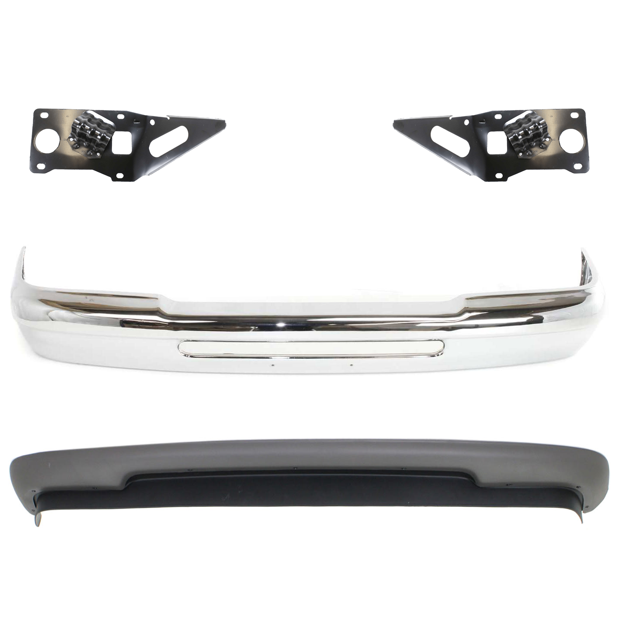 AM RANGER 93-97 FRONT BUMPER 4 pc kit w Bumper Bracket and Valance Chrome w o Molding Holes SKU KIT 072424-31 Partslink FO1002427 FO1067123 FO1066123 FO1092163 OEM F57Z17757AA PFM F37Z17752A F37