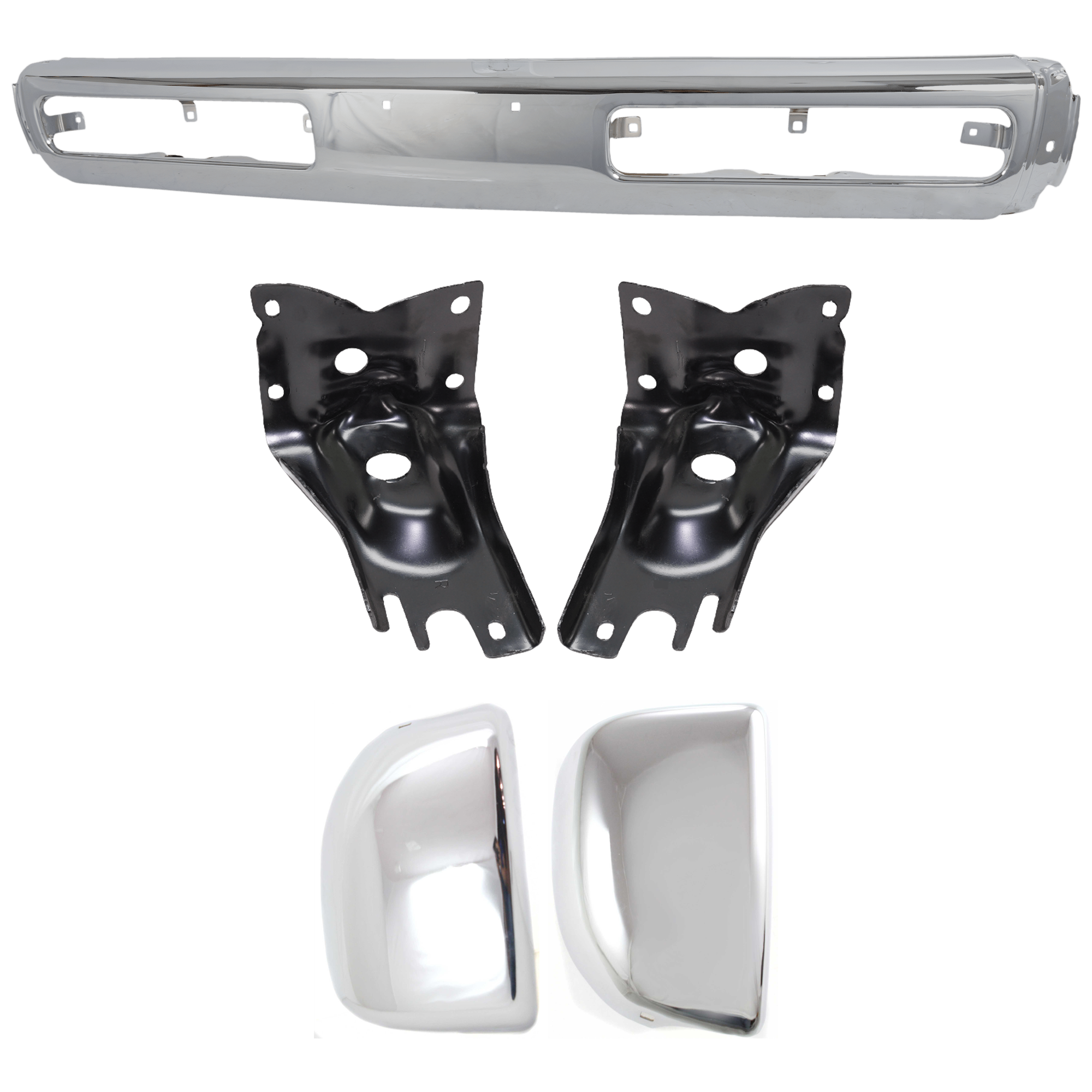 AM NISSAN PICKUP 93-96 PATHFINDER 93-95 FRONT BUMPER 5 pc kit w Bumper Bracket and Bumper End Chrome 3 Piece Type Center Piece Only To 11-95 SKU KIT 072424-40 Partslink NI1002101 NI1066104 NI1067104 NI1004133 NI1005134 OEM 6201457G25-6221357G00-6221257G