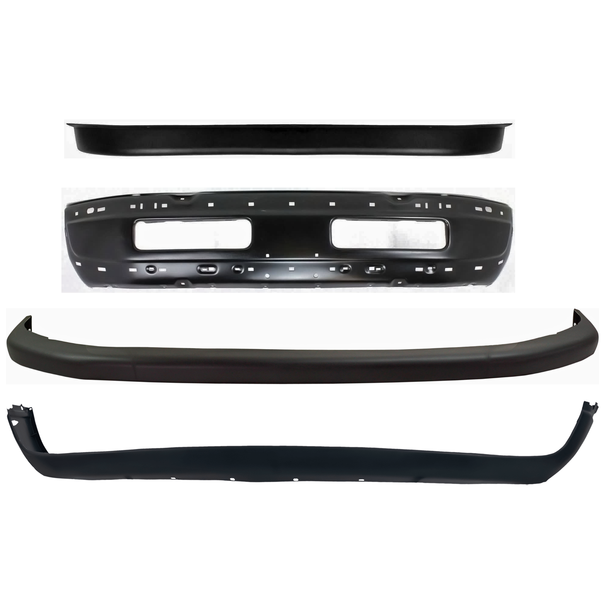 AM DODGE FULL SIZE PICKUP 94-95 FRONT BUMPER 4 pc kit Painted Black with Bumper Cover and Valance Face Bar 99-02 w o Sport Package SKU KIT 072424-43 Partslink CH1002173 CH1002259 CH1000232 CH1000160 CH1090124 OEM 5DY06PSJ 5011476AD 55076614AC