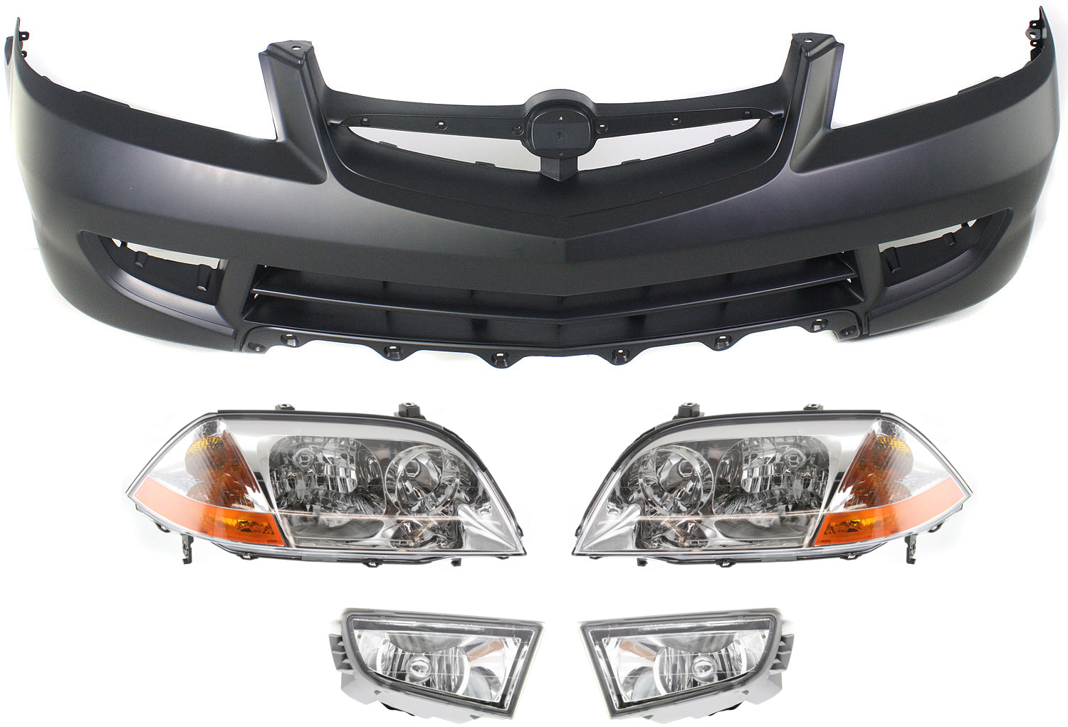 AM MDX 01-03 FRONT BUMPER COVER 5 pc Kit with Fog Lights and Headlights SKU KIT 072517-16 Partslink AC1000140 AC2592103 AC2593103 AC2518103 AC2519103 OEM 04711S3VA90ZZ 33951S3VA01-3390