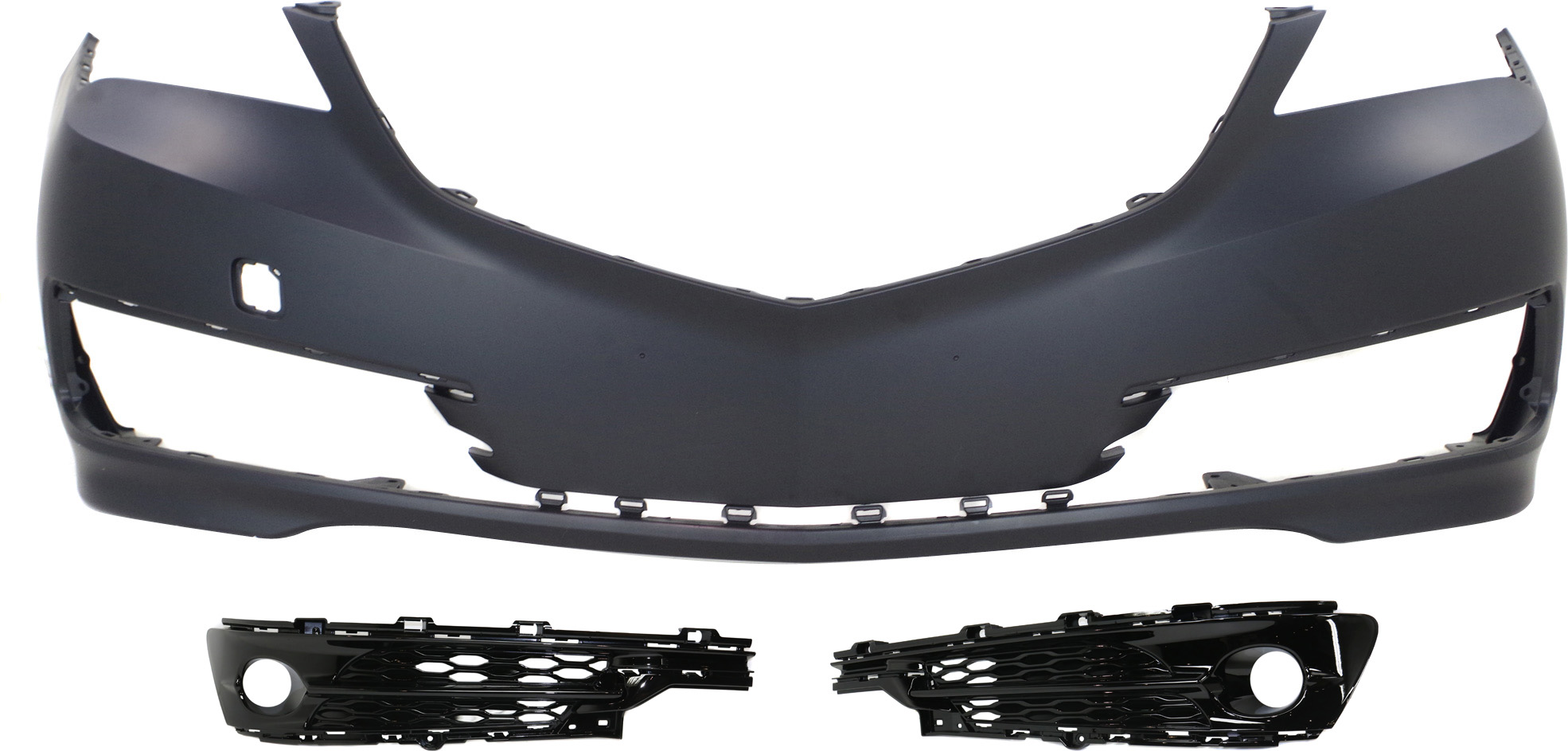 AM TLX 15-17 FRONT BUMPER COVER Primed 3 pc Kit with Fog Light Trims SKU KIT 072517-26 Partslink AC1000185 AC1038107 AC1039107 OEM 04711TZ3A90ZZ 71107TZ3A20-7110
