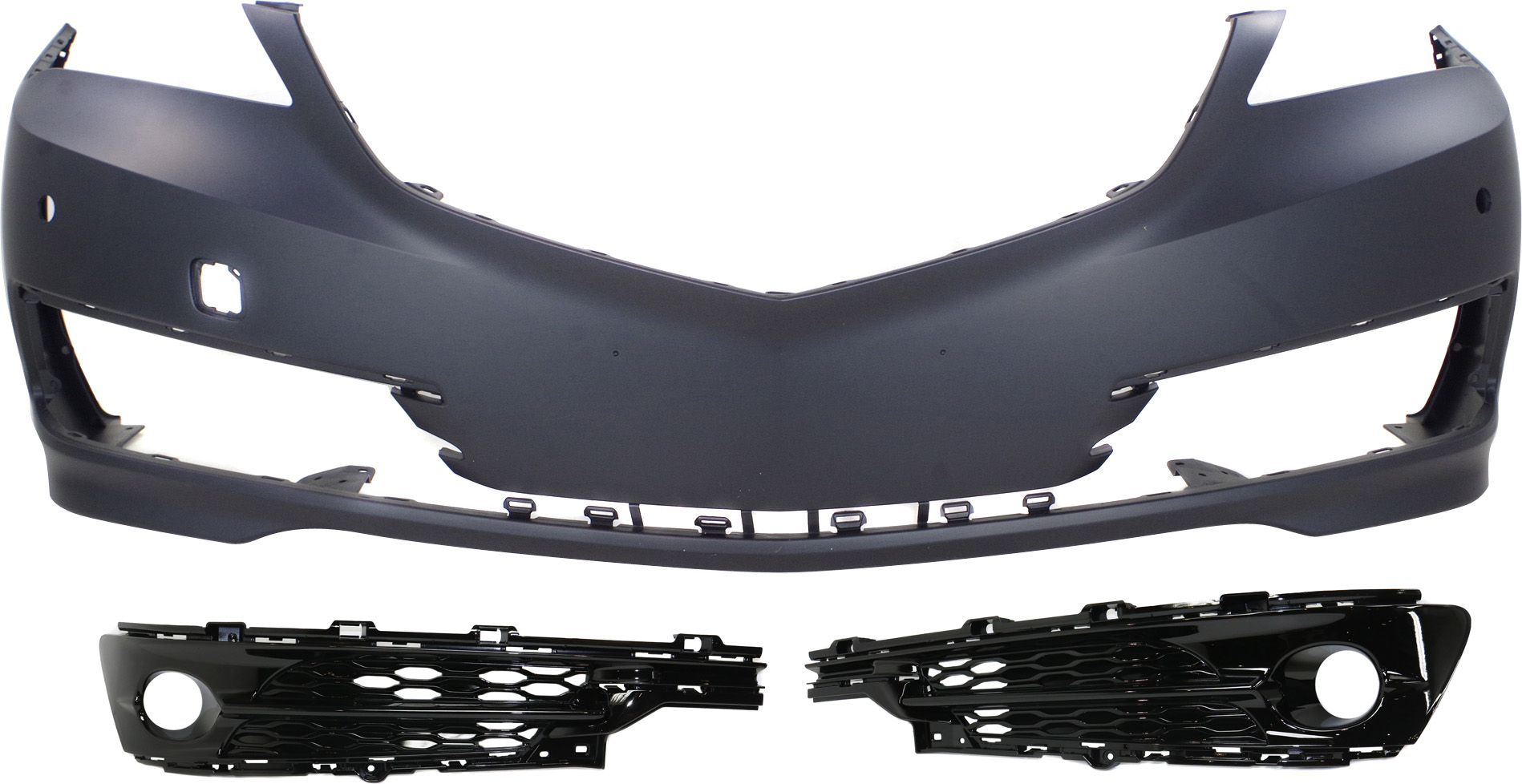 AM TLX 15-17 FRONT BUMPER COVER Primed 3 pc Kit with Fog Light Trims SKU KIT 072517-27 Partslink AC1000186 AC1038107 AC1039107 OEM 04711TZ3A80ZZ 71107TZ3A20-7110