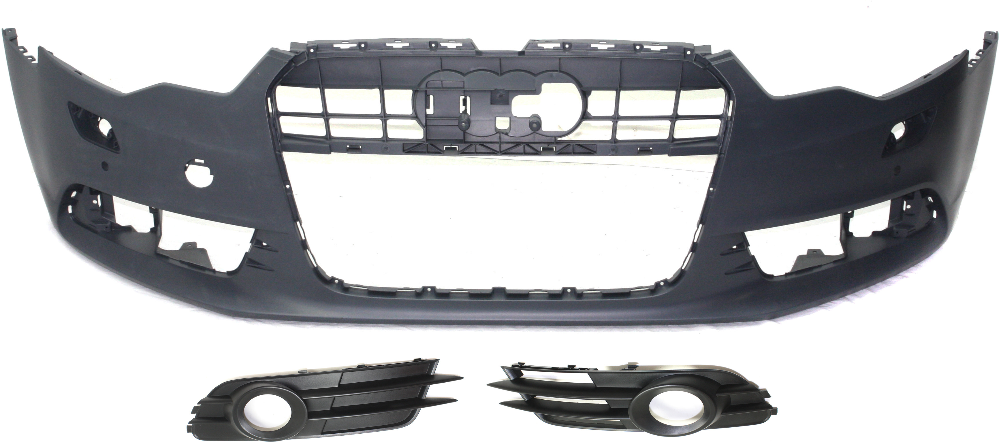 AM A6 A6 QUATTRO 12-15 FRONT BUMPER COVER 3 pc Kit Primed with Fog Light Trims SKU KIT 072517-48 Partslink AU1000208 AU1038148 AU1039148 OEM 4G0807065AGRU 4G0807681A9B9-4G