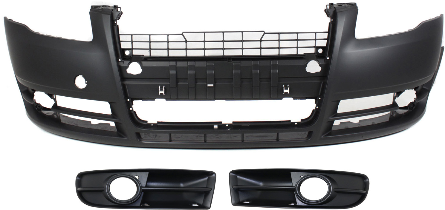 AM A4-05-08 A4 QUATTRO 05-09 FRONT BUMPER COVER Primed 3 pc Kit with Fog Light Trims SKU KIT 072517-50 Partslink AU1000142 AU1038106 AU1039106 OEM 8E0807105NGRU 8E0807681G01C 8E