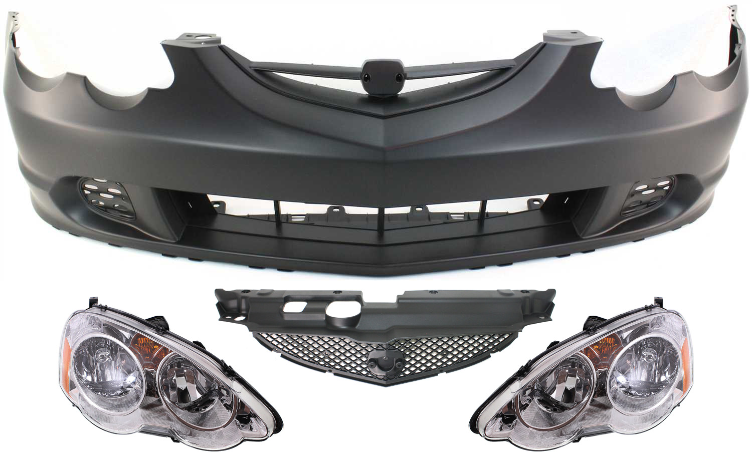 AM RSX 02-04 FRONT BUMPER COVER 4 pc Kit with Grille Insert and Headlights SKU KIT 072517-88 Partslink AC1000143 AC1200111 AC2518101 AC2519101 OEM 04711S6MA90ZZ 71121S6M003-3315