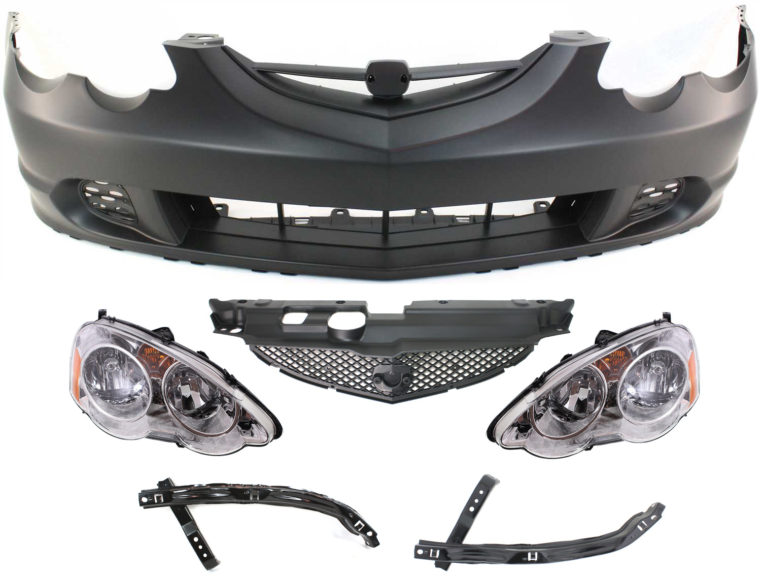 AM RSX 02-04 FRONT BUMPER COVER 6 pc Kit with Grille Insert Bumper Brackets and Headlights SKU KIT 072517-89 Partslink AC1000143 AC1026102 AC1027102 AC1200111 AC2518101 AC2519101 OEM 04711S6MA90ZZ 71190S6M000-7114