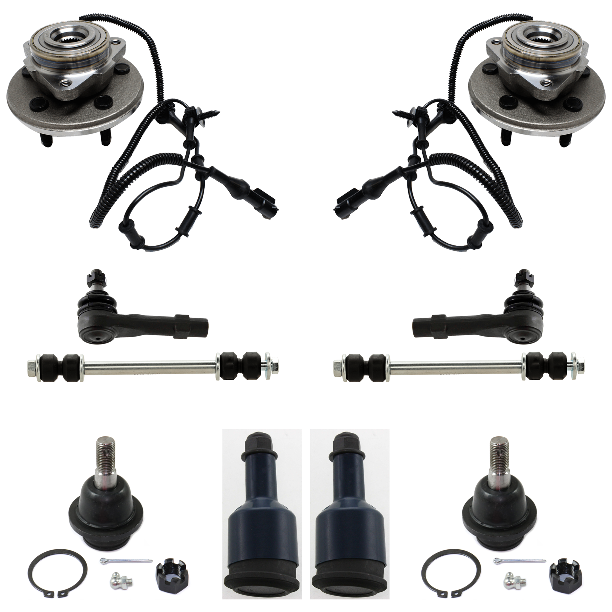 AM EXPLORER MOUNTAINEER 02-03 FRONT SUSPENSION KIT 10 pc kit with Ball Joint Sway Bar Link Tie Rod End and Wheel Hub SKU KIT 072524-277 OEM 104222-285019-1016769-2601460
