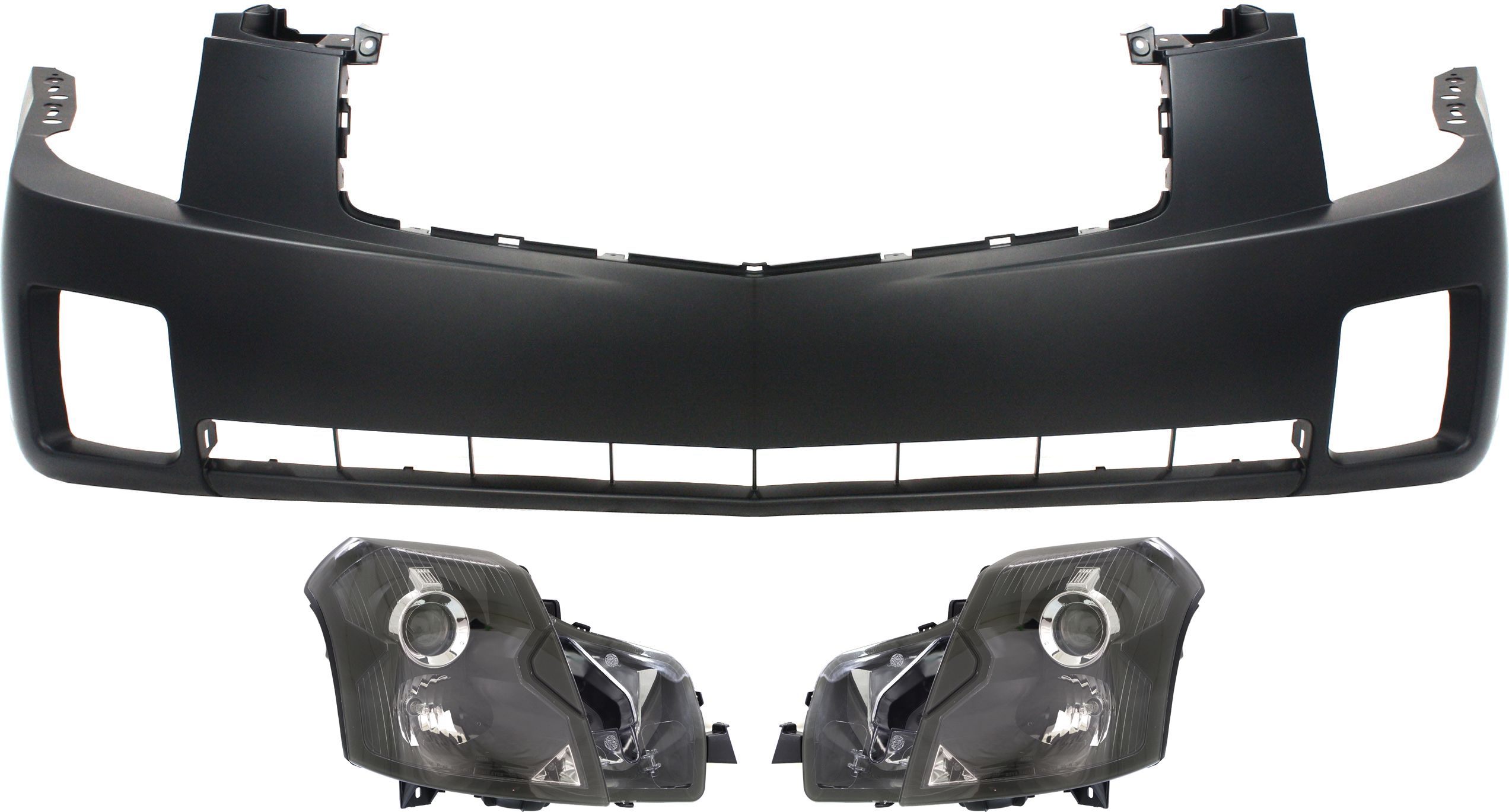AM CTS 03-07 HEAD LAMP RH AND LH Assembly Halogen 3 pc Kit with Bumper Cover SKU KIT 072618-03 Partslink GM2502242 GM2503242 GM1000656 OEM 15826014-15826015-19178478