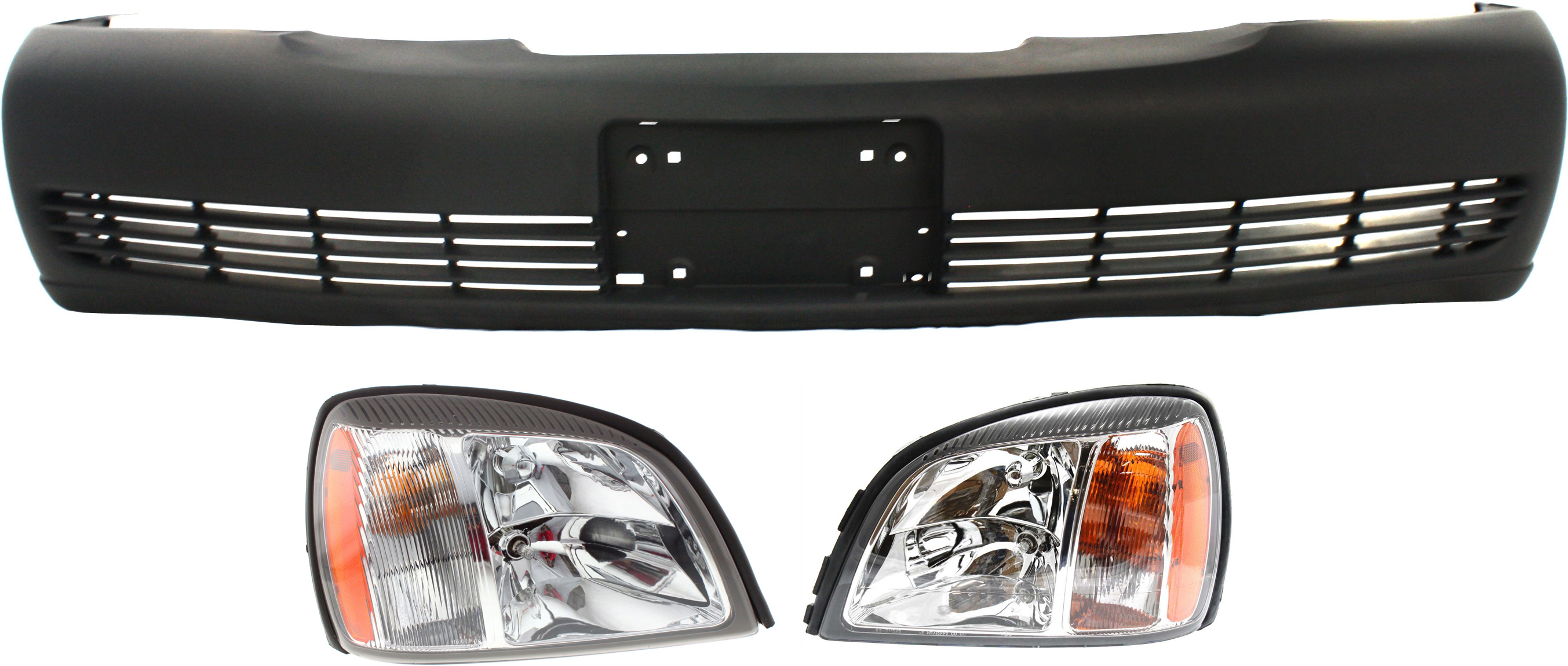 AM DEVILLE 04-05 HEAD LAMP RH AND LH Assembly Halogen 3 pc Kit with Bumper Cover SKU KIT 072618-08 Partslink GM2503240 GM2502240 GM1000610 OEM 19245434-19245433-19151273