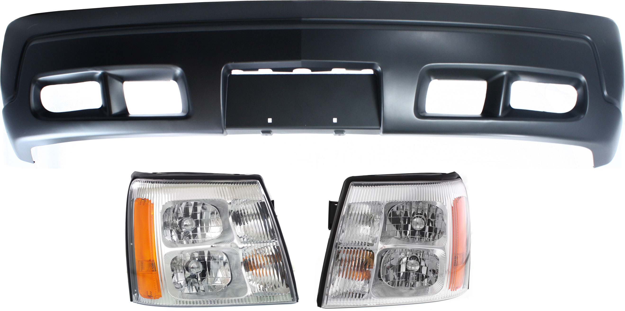 AM ESCALADE ESCALADE EXT 02-02 FRONT BUMPER COVER 3 pc Kit with Headlights SKU KIT 072618-15 Partslink GM1000636 GM2502232 GM2503232 OEM 88937206-15181851-15181850