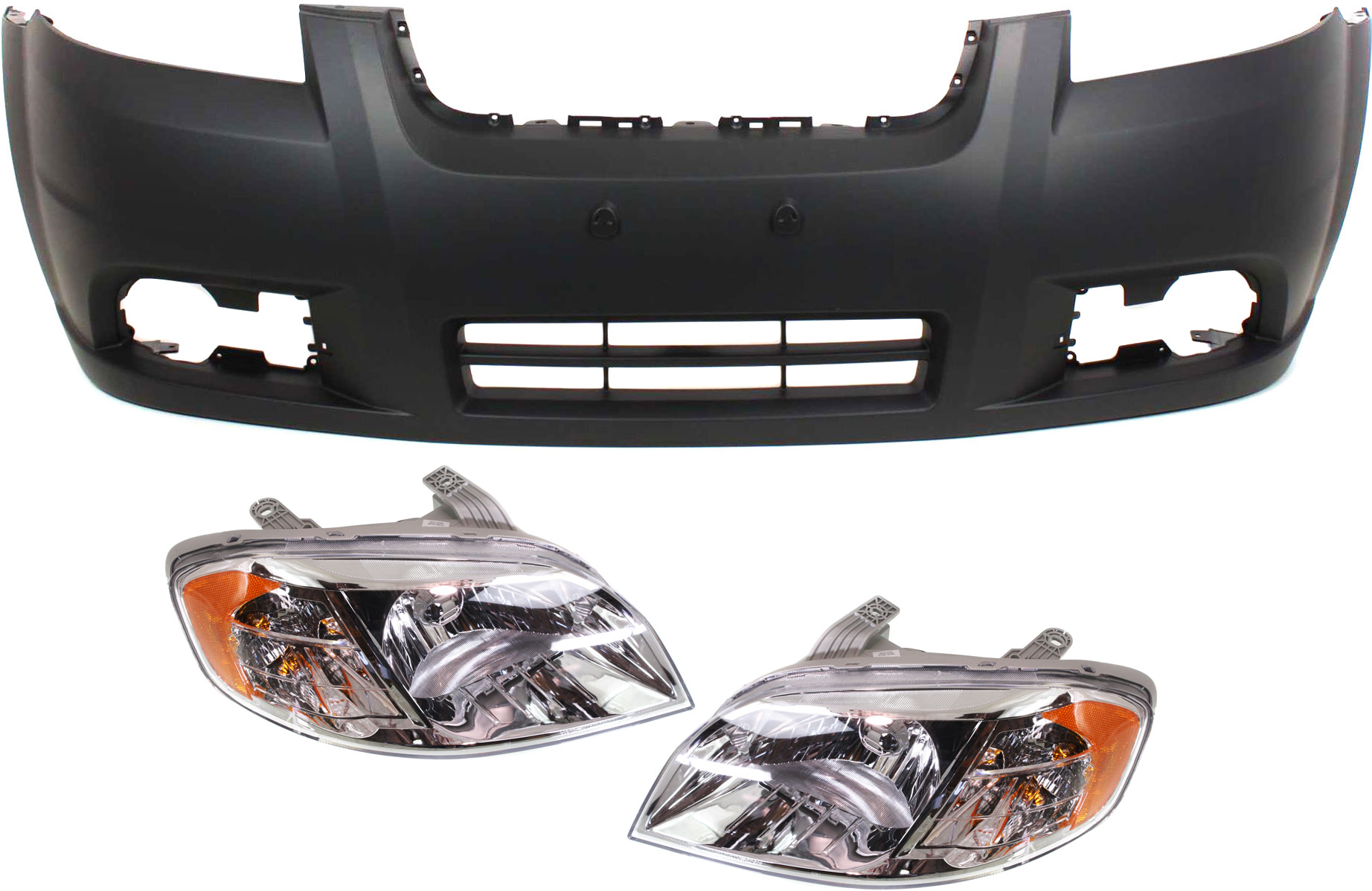 AM AVEO 07-11 HEAD LAMP RH AND LH Assembly Halogen 3 pc kit with Bumper Cover SKU KIT 072618-46 Partslink GM1000833 OEM 96650526 PFM 96650525 PFM 9664