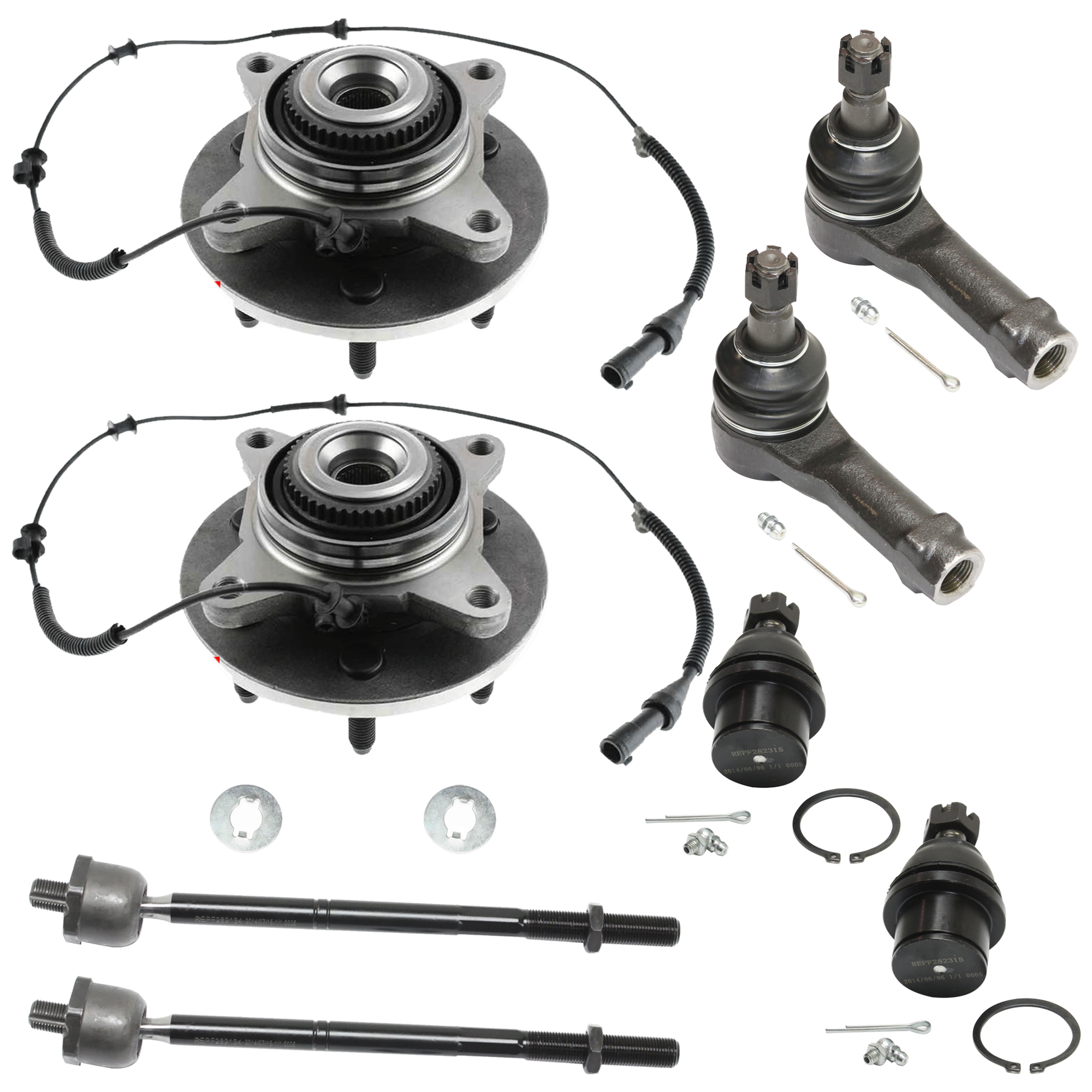 AM F 150-04-05 FRONT SUSPENSION KIT RH AND LH 8 pc kit with Ball Joint Tie Rod End and Wheel Hub SKU KIT 072624-40 OEM 104298-104368-5051314-2L1Z3050