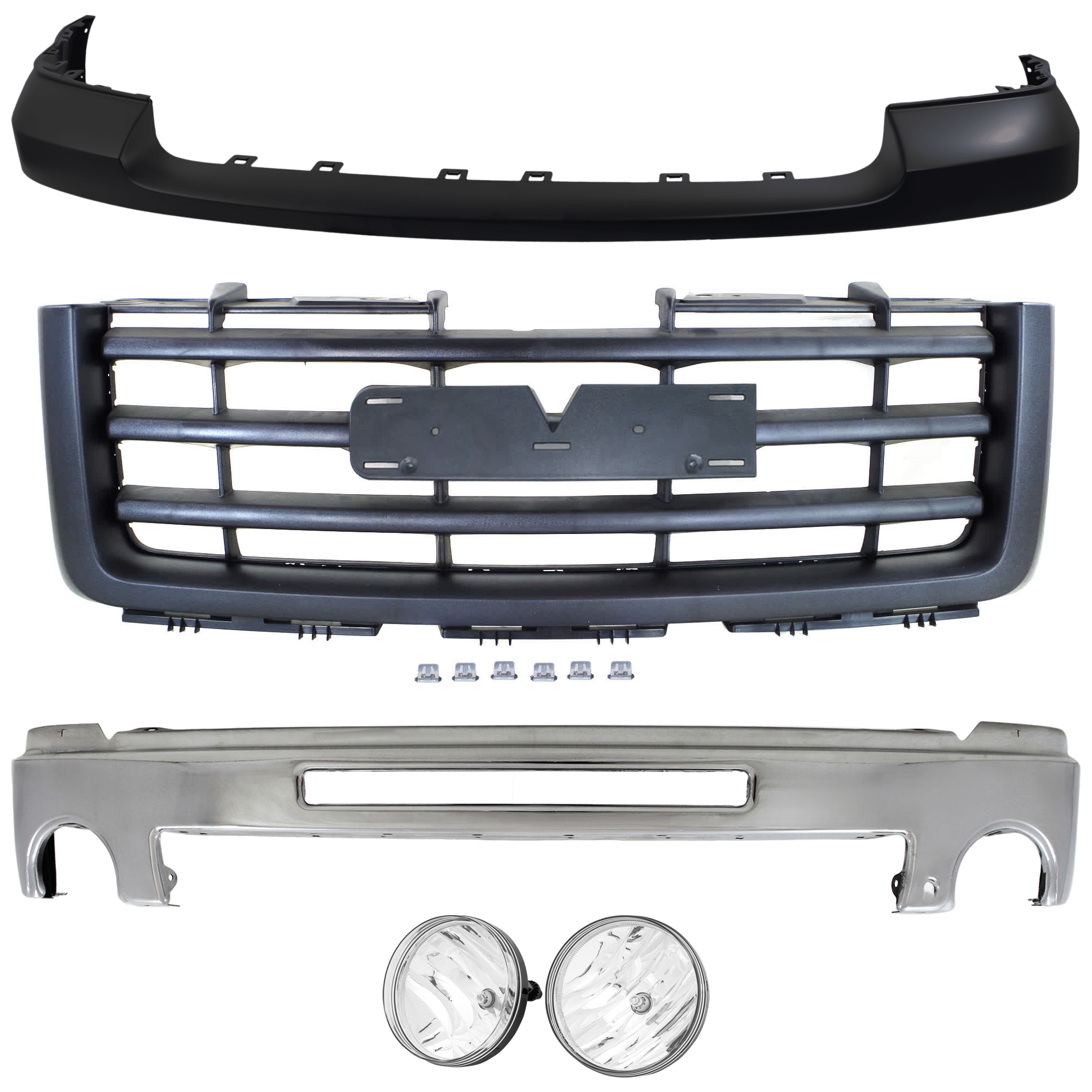 AM SIERRA 1500-07-13-2500 HD 3500 HD 07-10 FRONT BUMPER 5 pc kit Chrome w Air Hole SL SLE SLT WT w Towing Pkg Hybrid Models Excludes 2007 Classic SKU KIT 072624-57 Partslink GM1002834 GM1014103 GM2593161 GM2592161 GM1200583 OEM 15902856-25783617-25866496-258