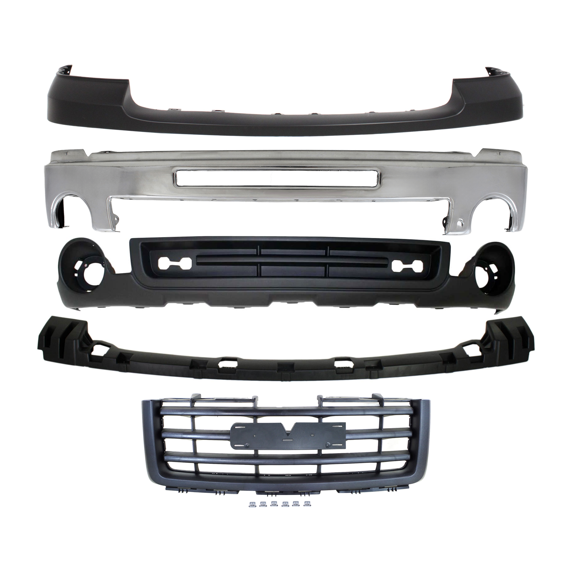 AM SIERRA 1500-07-13-2500 HD 3500 HD 07-10 FRONT BUMPER 5 pc kit w Bumper Bracket Bumper Cover Grille Assembly and Valance Chrome w Air Hole SKU KIT 072624-63 Partslink GM1002834 GM1065108 GM1014102 GM1200583 GM1015100 OEM 15902856-15246822-25783584-227