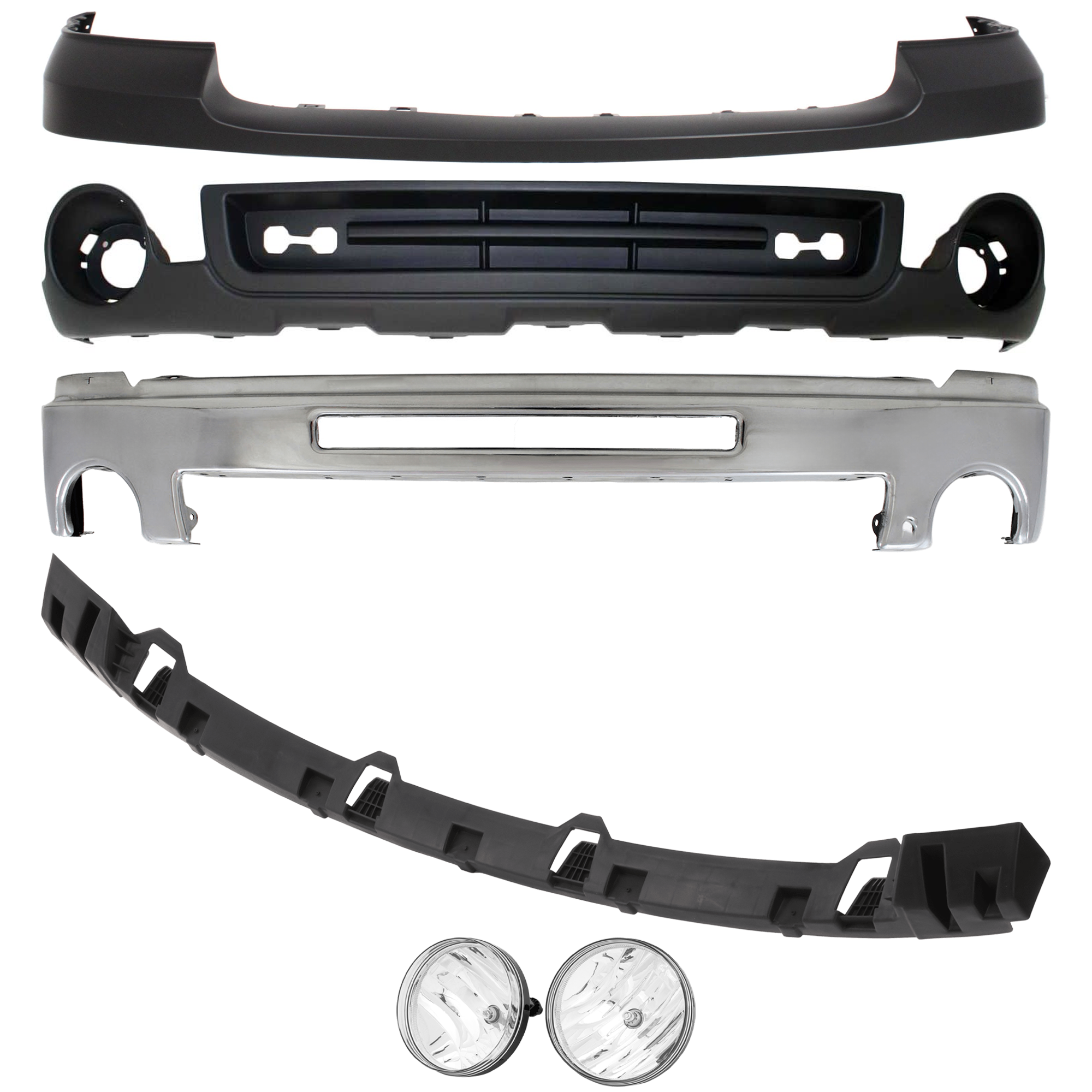 AM SIERRA 1500-07-13-2500 HD 3500 HD 07-10 FRONT BUMPER 6 pc kit w Bumper Bracket Bumper Cover Fog Light and Valance Chrome w Air Hole SKU KIT 072624-65 Partslink GM1002834 GM1065108 GM1014102 GM2593161 GM2592161 GM1015100 OEM 15902856-15246822-25783584-258