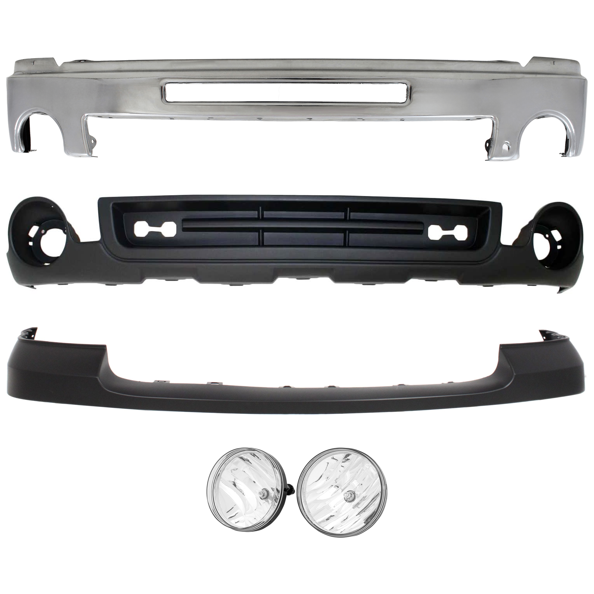 AM SIERRA 1500-07-13-2500 HD 3500 HD 07-10 FRONT BUMPER 5 pc kit w Bumper Cover Fog Light and Valance Chrome w Air Hole SKU KIT 072624-66 Partslink GM1002834 GM1014102 GM2593161 GM2592161 GM1015100 OEM 15902856-25783584-25866496-258