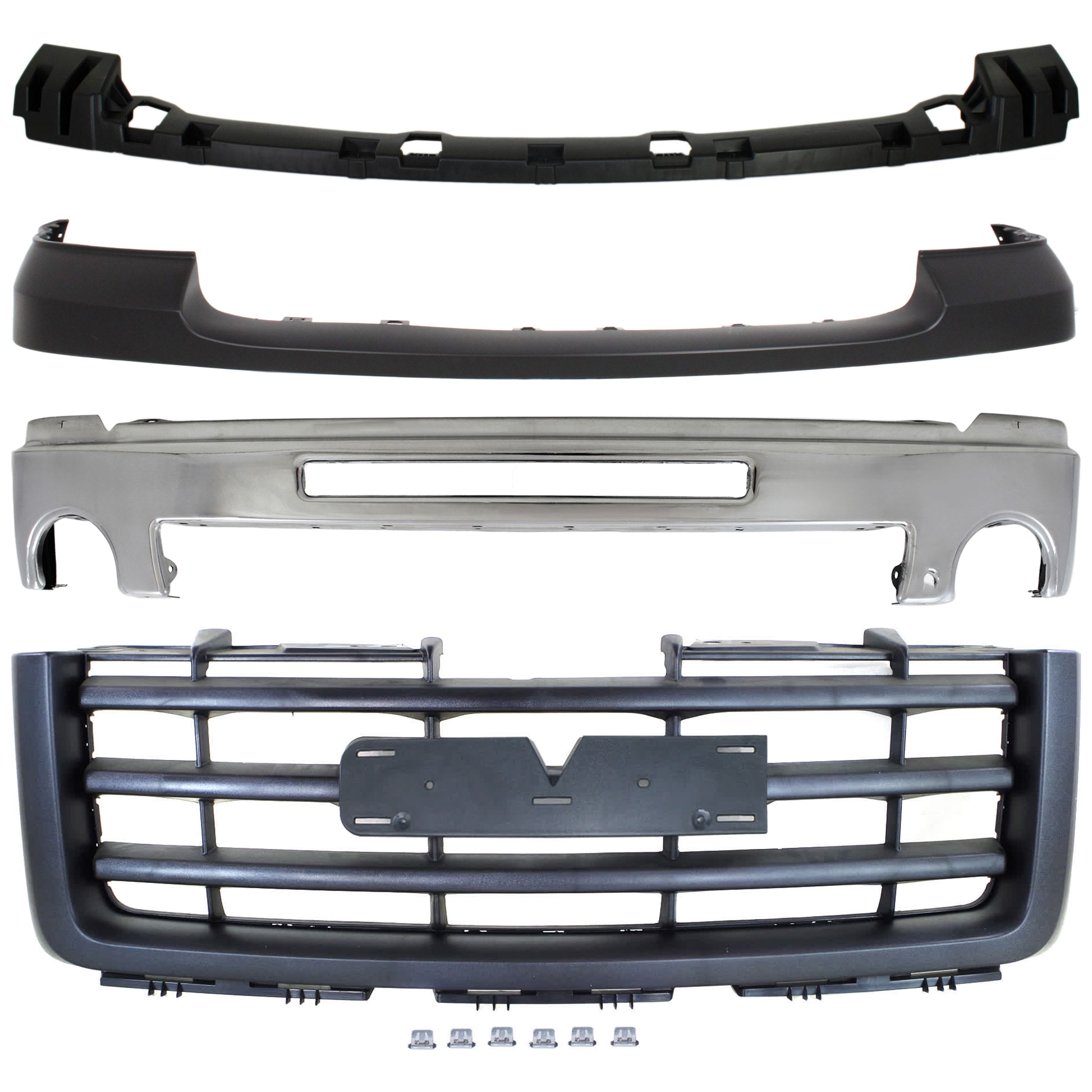 AM SIERRA 1500-07-13-2500 HD 3500 HD 07-10 FRONT BUMPER 4 pc kit w Bumper Bracket Bumper Cover and Grille Assembly Chrome w Air Hole SKU KIT 072624-67 Partslink GM1002834 GM1065108 GM1014102 GM1200583 OEM 15902856-15246822-25783584-227