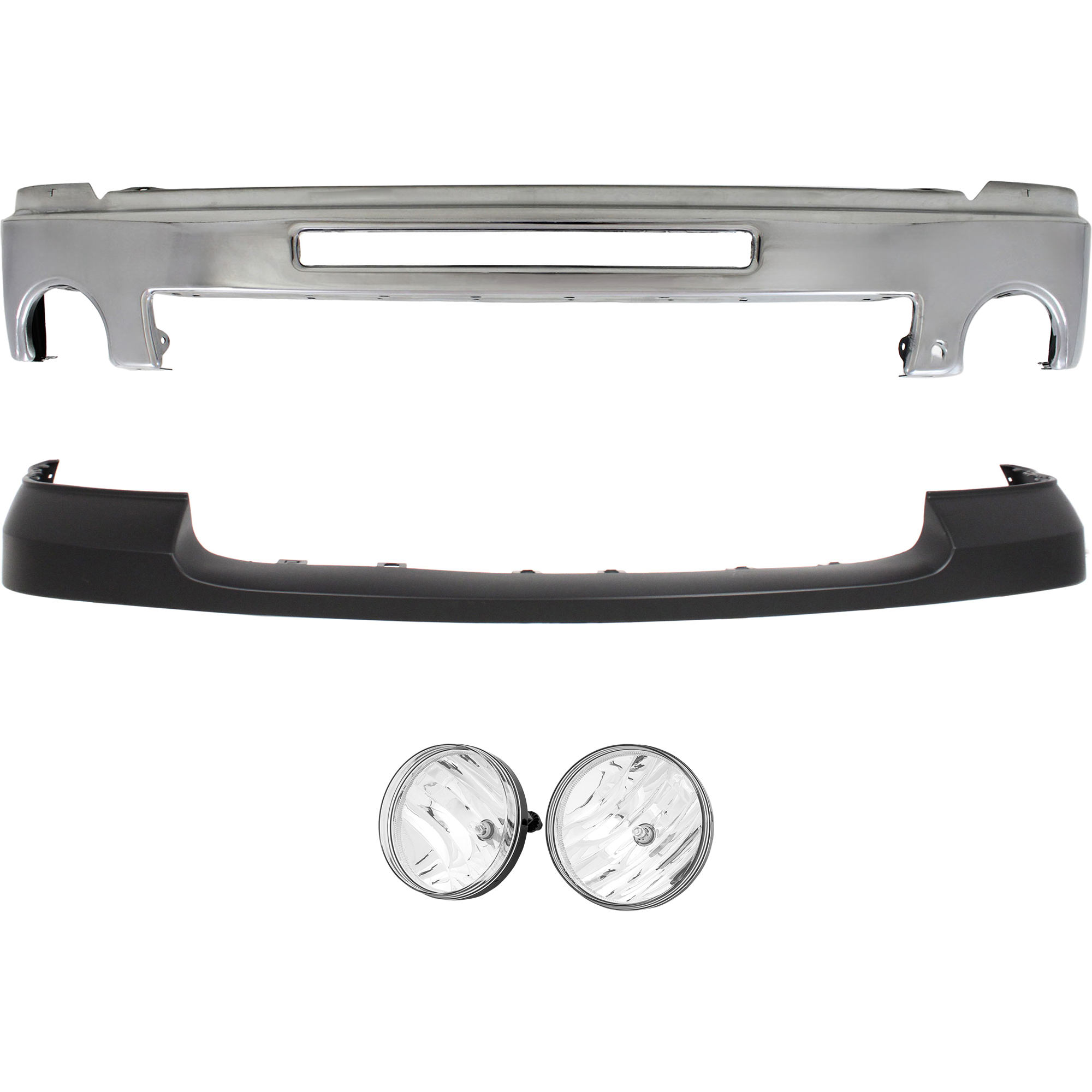 AM SIERRA 1500-07-13-2500 HD 3500 HD 07-10 FRONT BUMPER 4 pc kit Chrome with Bumper Cover and Fog Light w Air Hole SKU KIT 072624-69 Partslink GM1002834 GM1014102 GM2593161 GM2592161 OEM 15902856-25783584-25866496-258