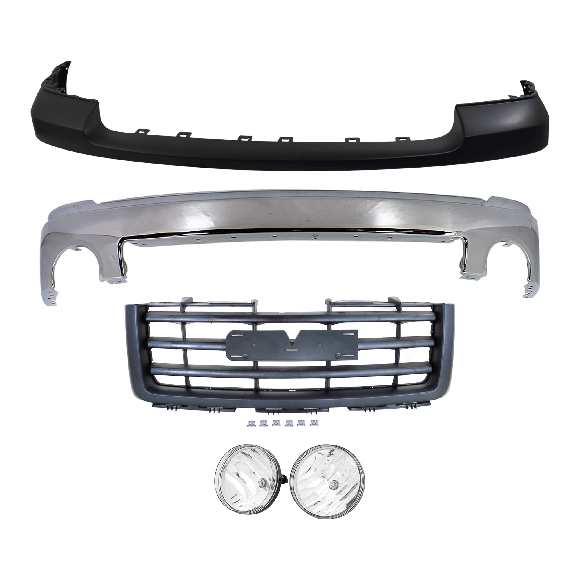 AM SIERRA 1500-07-13 FRONT BUMPER 5 pc kit w Bumper Cover Fog Light and Grille Assembly Chrome w o Air Hole SKU KIT 072624-70 Partslink GM1002833 GM1014103 GM2593161 GM2592161 GM1200583 OEM 15901505-25783617-25866496-258