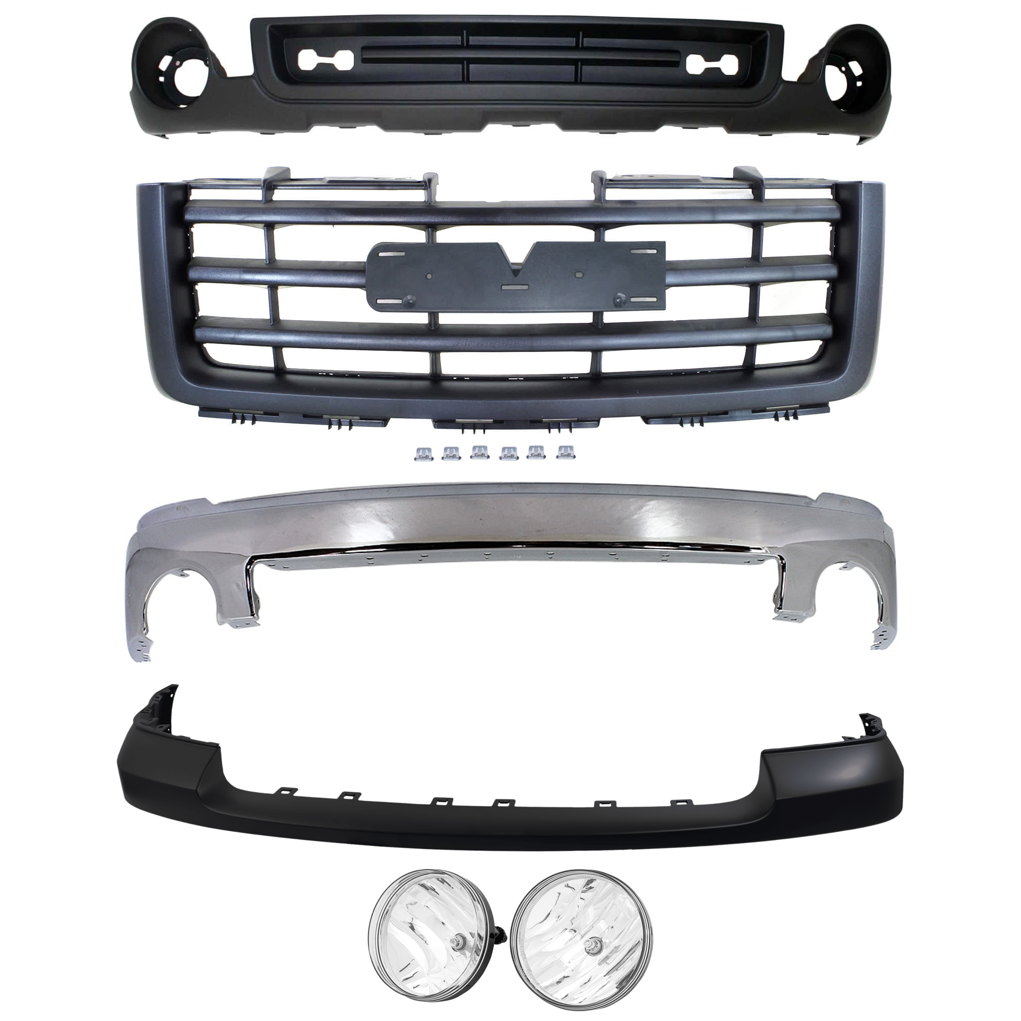 AM SIERRA 1500-07-13 FRONT BUMPER 6 pc kit Chrome w o Air Hole SL SLE SLT WT w o Towing Pkg Excludes 2007 Classic SKU KIT 072624-71 Partslink GM1002833 GM1014103 GM2593161 GM2592161 GM1200583 GM1015100 OEM 15901505-25783617-25866496-258