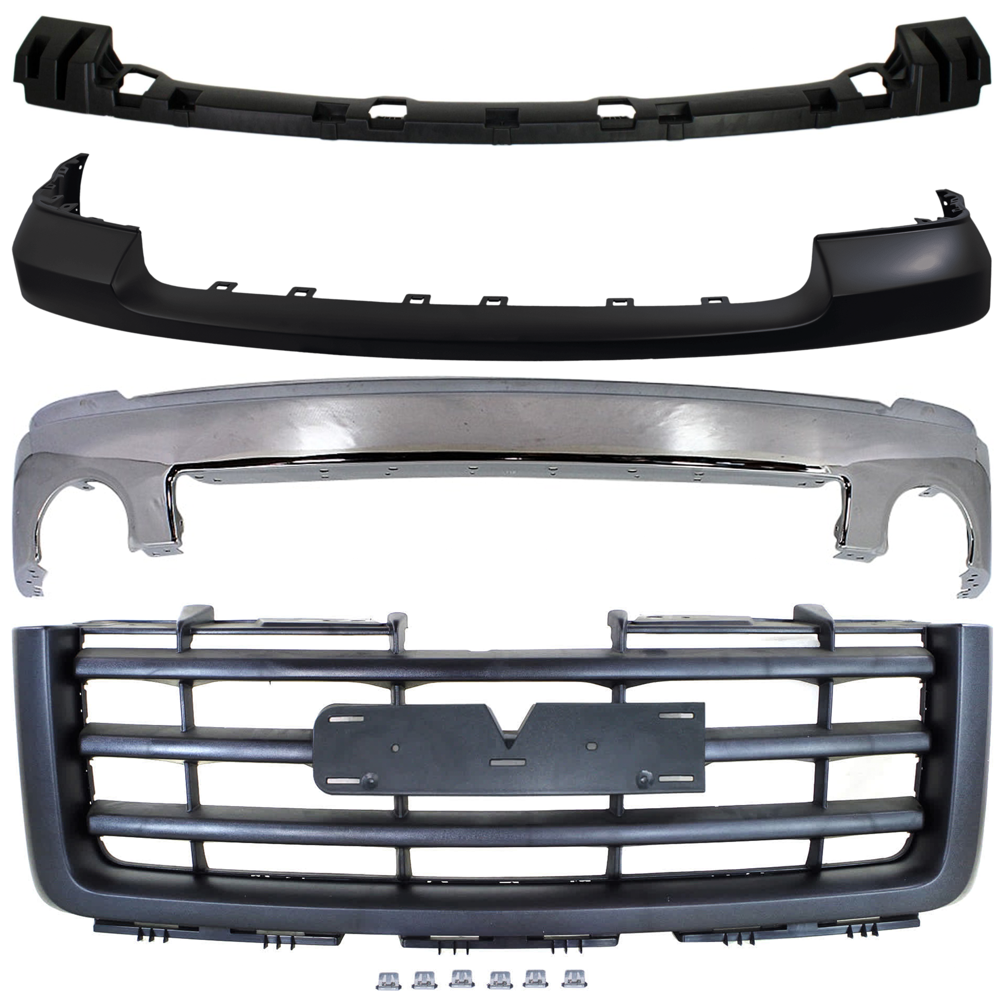 AM SIERRA 1500-07-13 FRONT BUMPER 4 pc kit Chrome w o Air Hole SL SLE SLT WT w o Towing Pkg Excludes 2007 Classic SKU KIT 072624-72 Partslink GM1002833 GM1065108 GM1014103 GM1200583 OEM 15901505-15246822-25783617-227