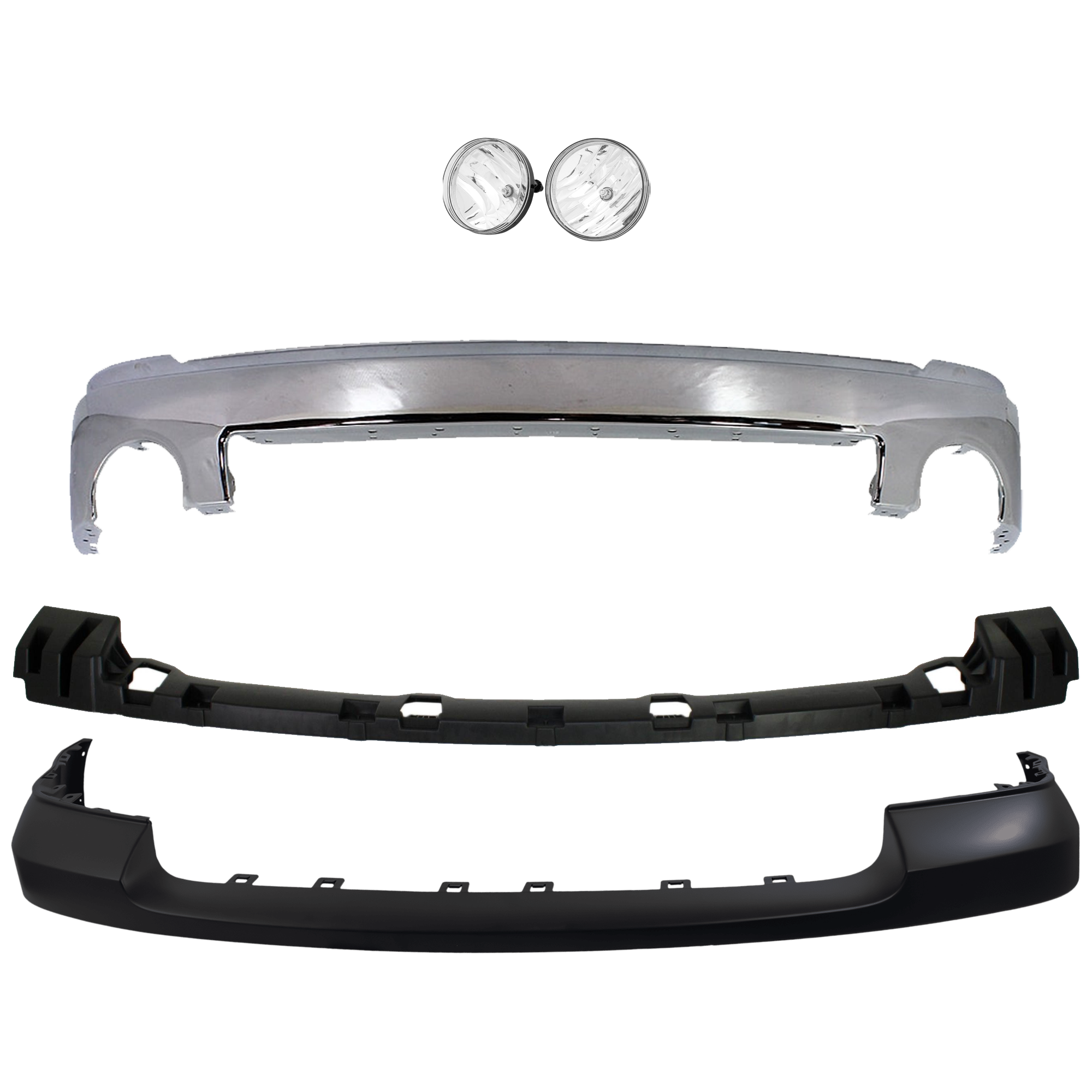 AM SIERRA 1500-07-13 FRONT BUMPER 4 pc kit w Bumper Bracket Bumper Cover and Fog Light Chrome w o Air Hole SKU KIT 072624-73 Partslink GM1002833 GM1065108 GM1014103 GM2593161 GM2592161 OEM 15901505-15246822-25783617-258
