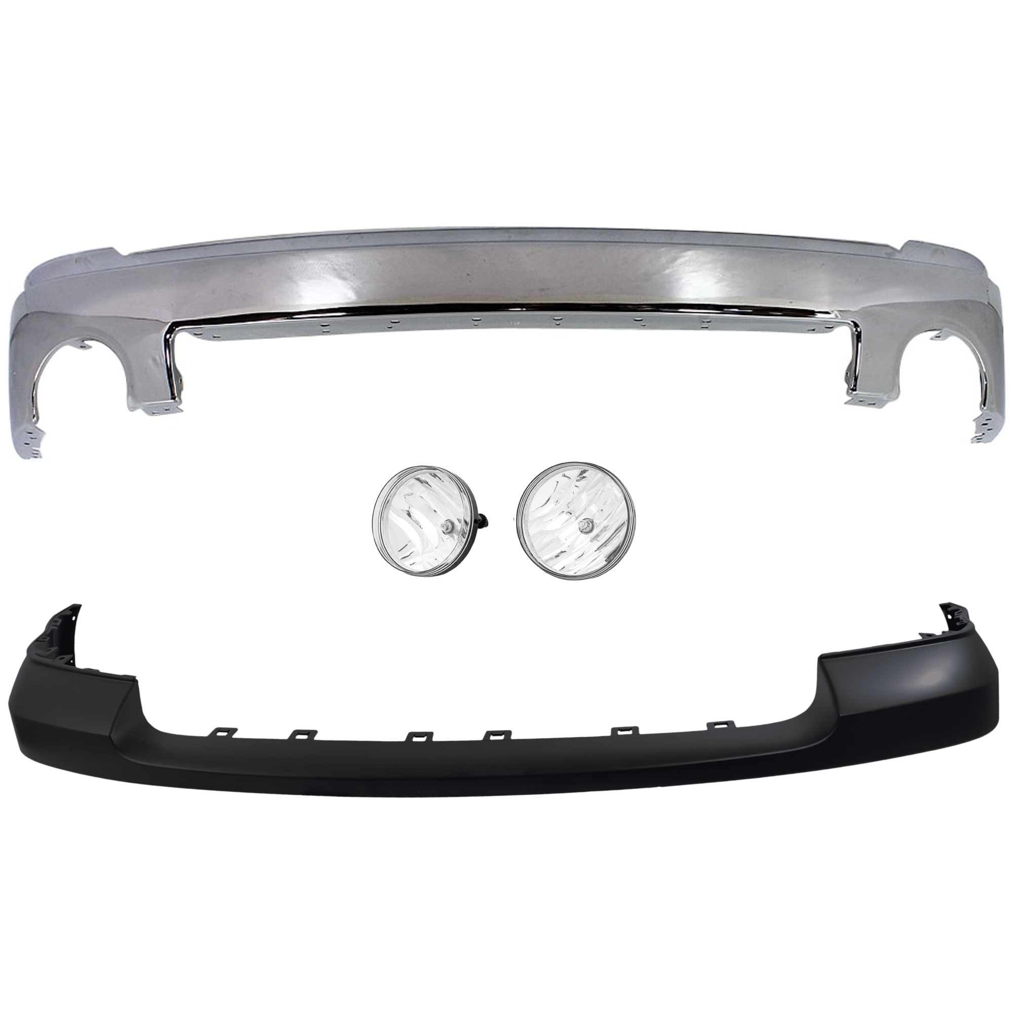 AM SIERRA 1500-07-13 FRONT BUMPER 4 pc kit Chrome w o Air Hole SL SLE SLT WT w o Towing Pkg Excludes 2007 Classic SKU KIT 072624-74 Partslink GM1002833 GM1014103 GM2593161 GM2592161 OEM 15901505-25783617-25866496-258