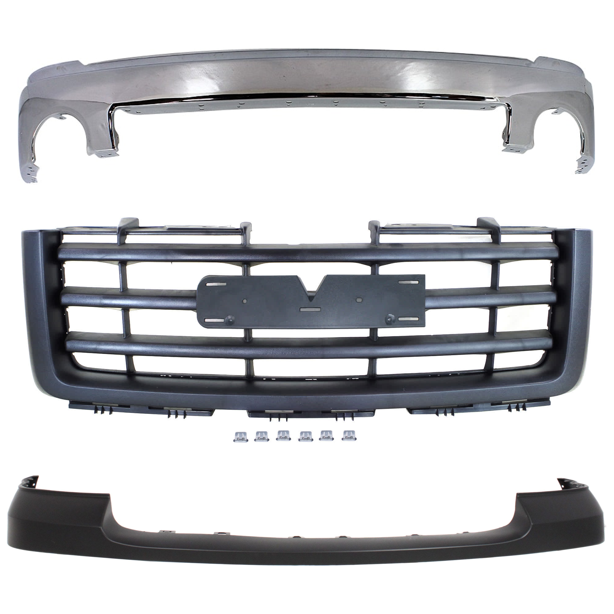 AM SIERRA 1500-07-13 FRONT BUMPER 3 pc kit w Bumper Cover and Grille Assembly Chrome w o Air Hole SKU KIT 072624-75 Partslink GM1002833 GM1014102 GM1200583 OEM 15901505-25783584-22761793
