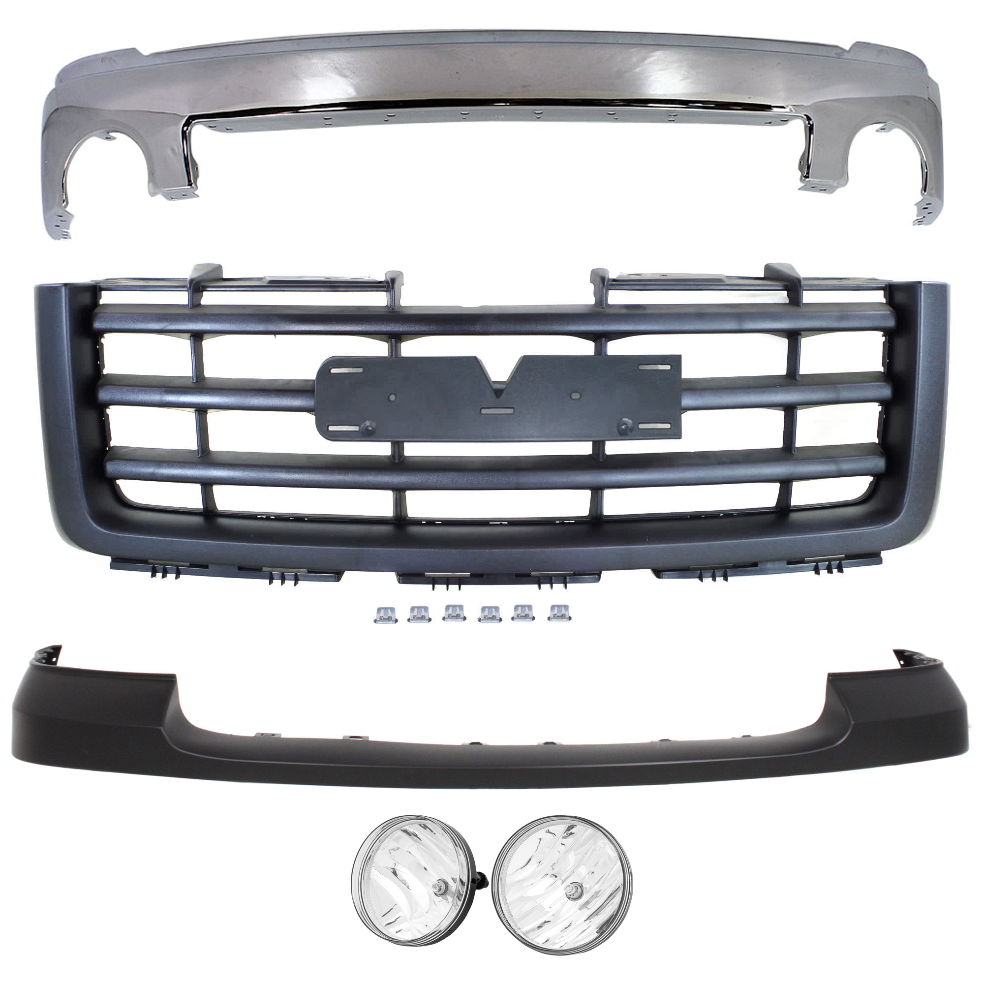 AM SIERRA 1500-07-13 FRONT BUMPER 5 pc kit w Bumper Cover Fog Light and Grille Assembly Chrome w o Air Hole SKU KIT 072624-76 Partslink GM1002833 GM1014102 GM2593161 GM2592161 GM1200583 OEM 15901505-25783584-25866496-258