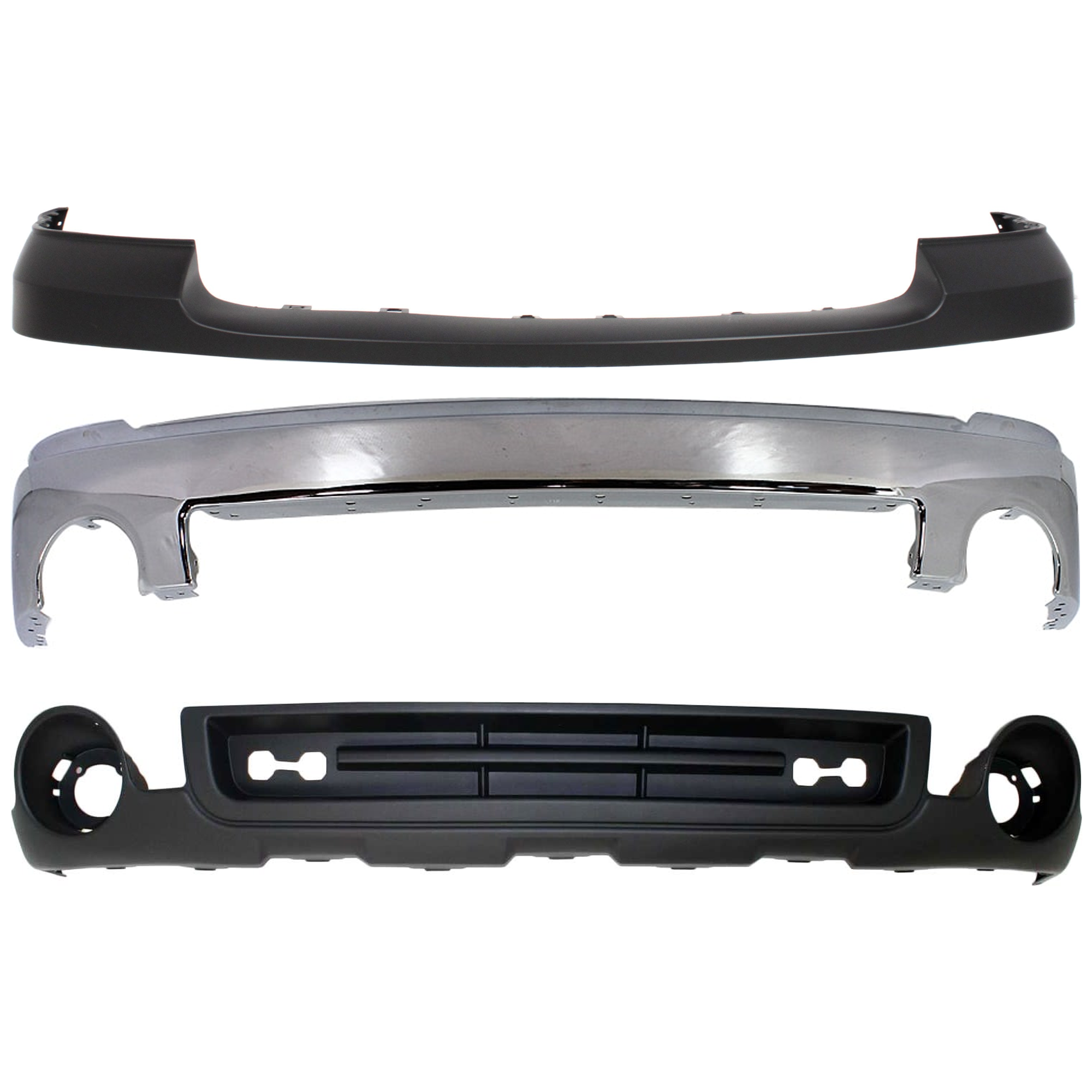 AM SIERRA 1500-07-13 FRONT BUMPER 3 pc kit w Bumper Cover and Valance Chrome w o Air Hole SKU KIT 072624-77 Partslink GM1002833 GM1014102 GM1015100 OEM 15901505-25783584-15131299