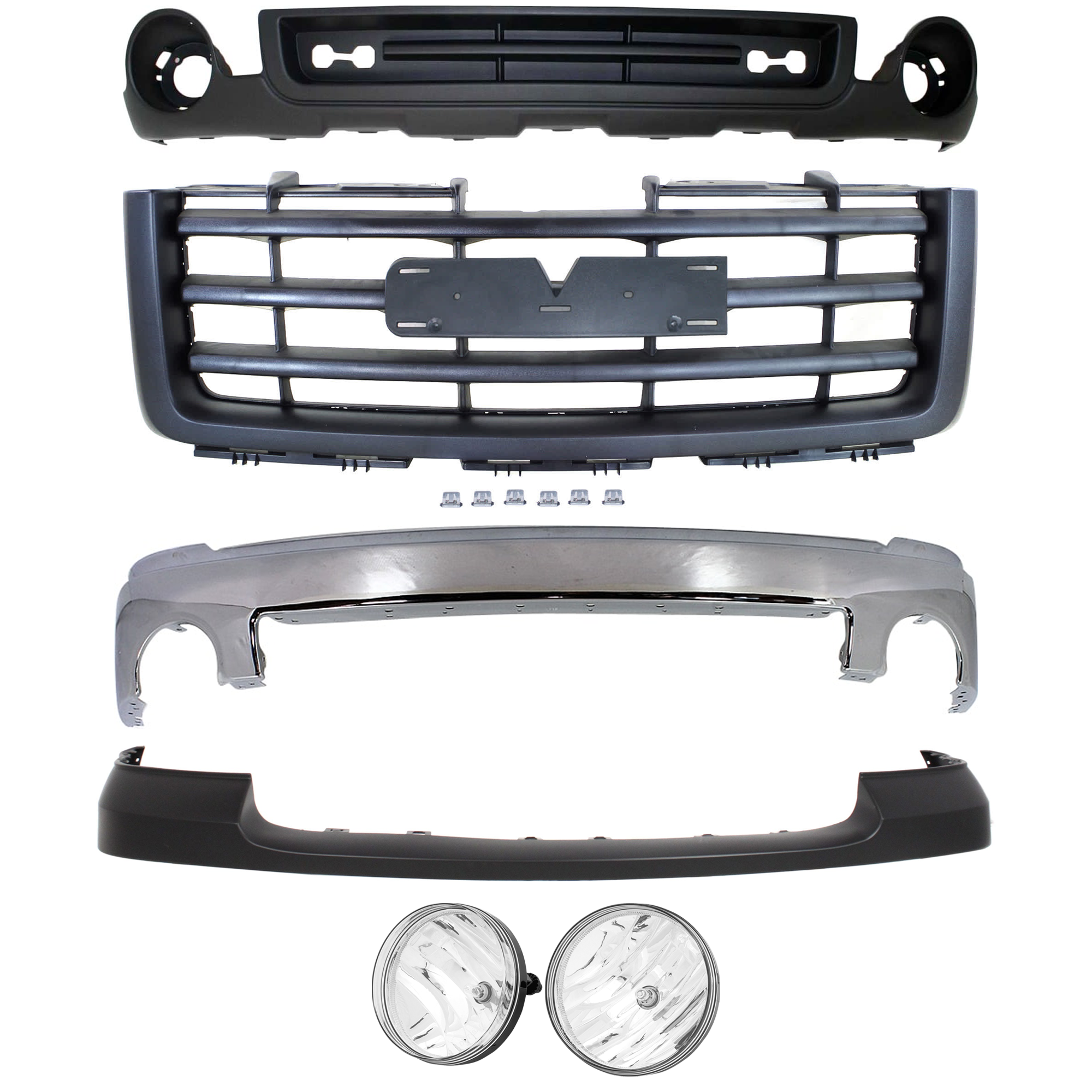 AM SIERRA 1500-07-13 FRONT BUMPER 6 pc kit w Bumper Cover Fog Light Grille Assembly and Valance Chrome w o Air Hole SKU KIT 072724-01 Partslink GM1002833 GM1014102 GM2593161 GM2592161 GM1200583 GM1015100 OEM 15901505-25783584-25866496-258