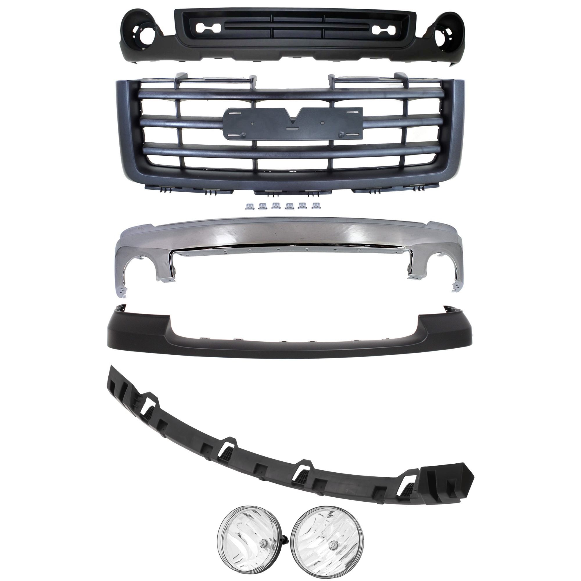 AM SIERRA 1500-07-13 FRONT BUMPER 7 pc kit Chrome w o Air Hole SL SLE SLT WT w o Towing Pkg Excludes 2007 Classic SKU KIT 072724-02 Partslink GM1002833 GM1065108 GM1014102 GM2593161 GM2592161 GM1200583 GM1015100 OEM 15901505-15246822-25783584-258