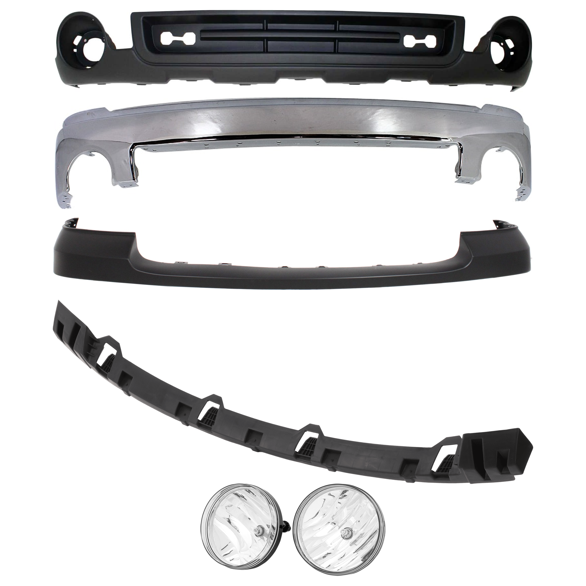 AM SIERRA 1500-07-13 FRONT BUMPER 6 pc kit Chrome w o Air Hole SL SLE SLT WT w o Towing Pkg Excludes 2007 Classic SKU KIT 072724-03 Partslink GM1002833 GM1065108 GM1014102 GM2593161 GM2592161 GM1015100 OEM 15901505-15246822-25783584-258