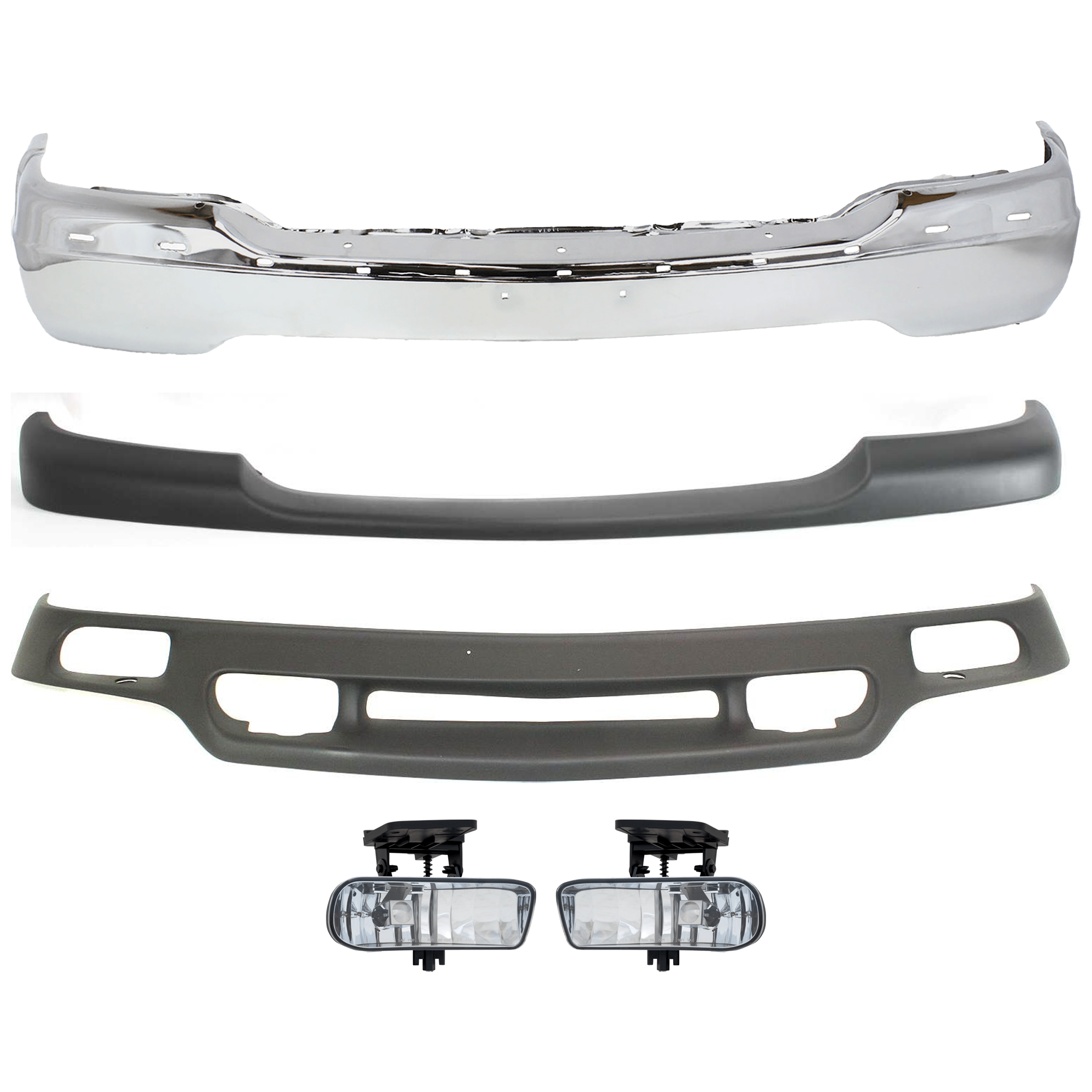 AM SIERRA 1500-99-02 YUKON 00-06 FRONT BUMPER 5 pc kit w Bumper Trim Fog Light and Valance Chrome w Bracket w o Air Holes SKU KIT 072724-06 Partslink GM1002373 GM1051105 GM2593110 GM2592110 GM1092169 OEM 15758072-15748374-10385055-103