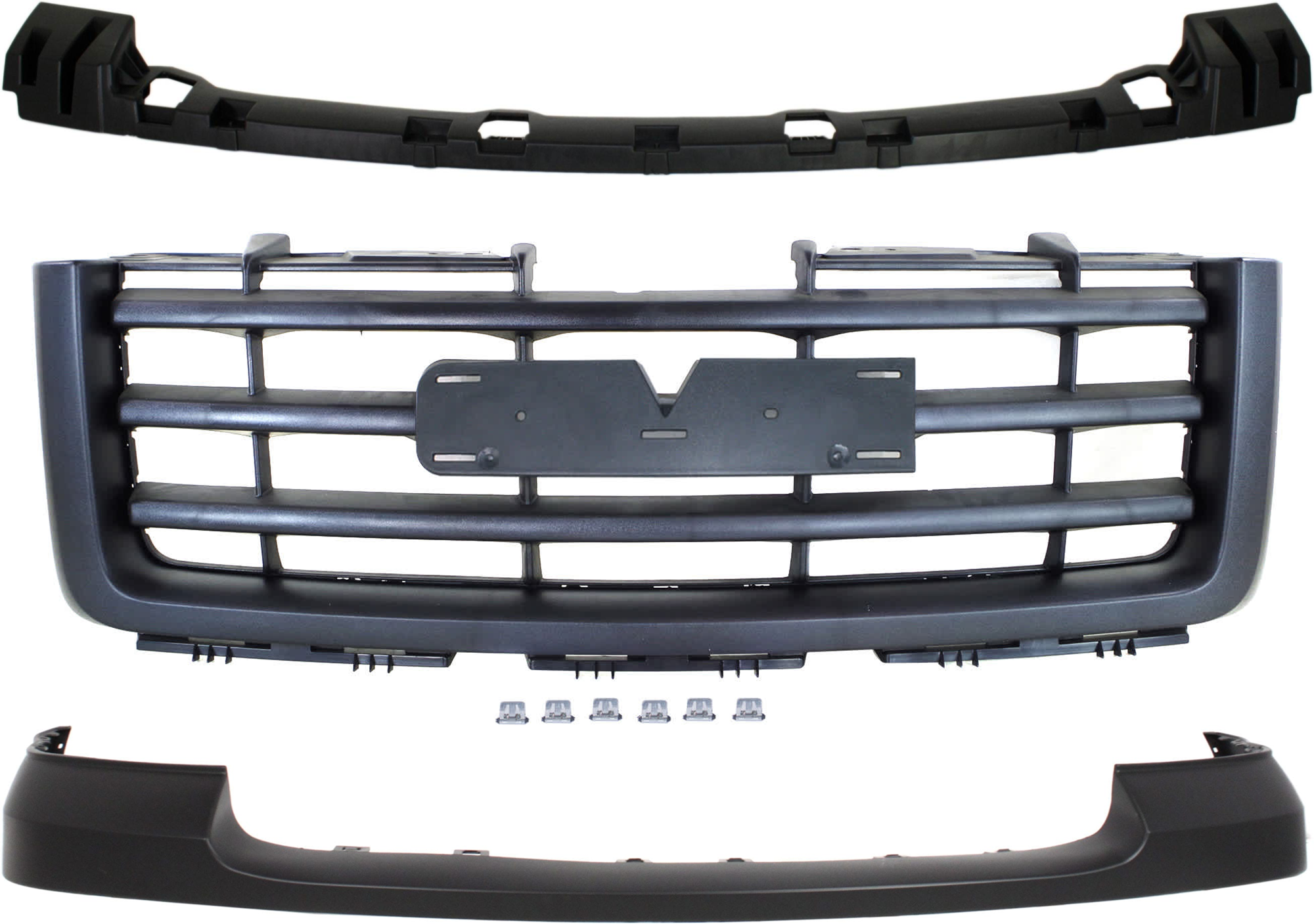 AM SIERRA 1500-07-13 GRILLE 3 pc Kit w Bumper Bracket and Bumper Cover Textured Black Shell and Insert Exc. Base Denali Models New Body Style SKU KIT 072724-08 Partslink GM1200583 GM1065108 GM1014102 OEM 22761793-15246822-25783584