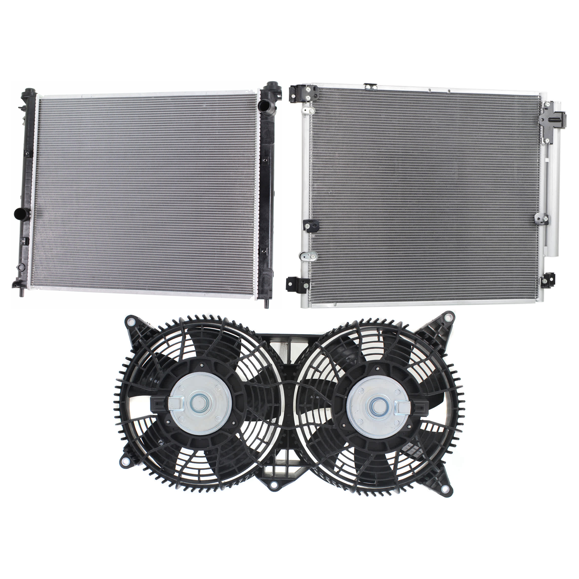 AM SRX 04-09 STS 05-09 A C CONDENSER RADIATOR COOLING FAN KIT 3 pc kit 3.6L 4.6L Eng. 6 and 8 Cyl. SKU KIT 072724-101 Partslink GM3030263 GM3120101 GM3010536 OEM 89022521-89022525 PFM 19130399