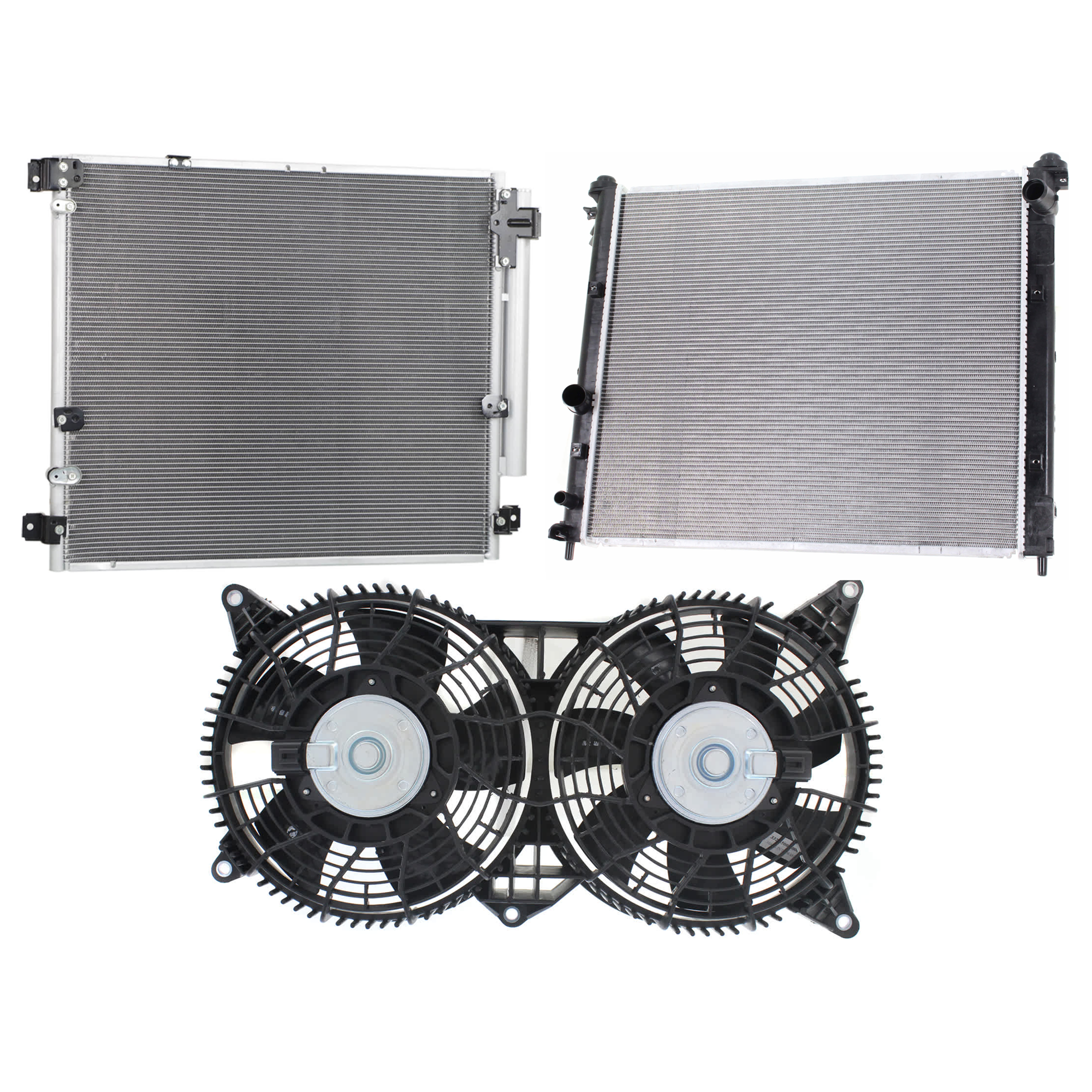 AM SRX 04-06 STS 05-06 A C CONDENSER RADIATOR COOLING FAN KIT 3 pc kit 4.6L Eng. 8 Cyl. SKU KIT 072724-102 Partslink GM3030263 GM3120101 GM3010467 OEM 89022521-89022525 PFM 19259459