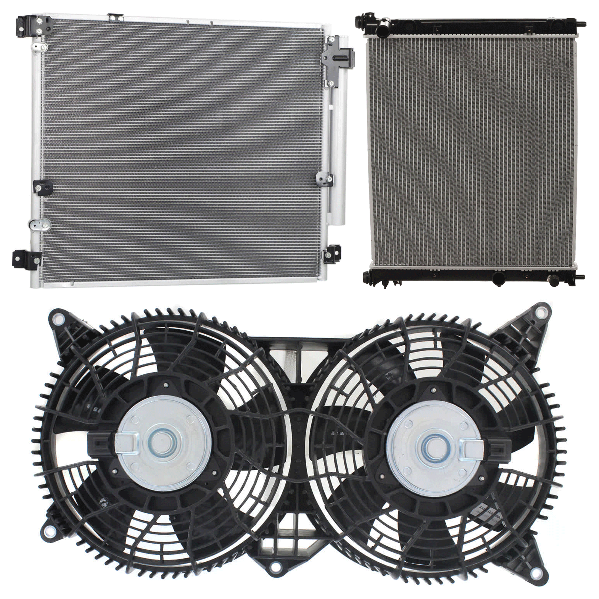 AM SRX 04-09 STS 05-09 A C CONDENSER RADIATOR COOLING FAN KIT 3 pc kit 3.6L 4.6L Eng. 6 and 8 Cyl. SKU KIT 072724-103 Partslink GM3030263 GM3120101 GM3010430 OEM 89022521-89022525 PFM 19129972