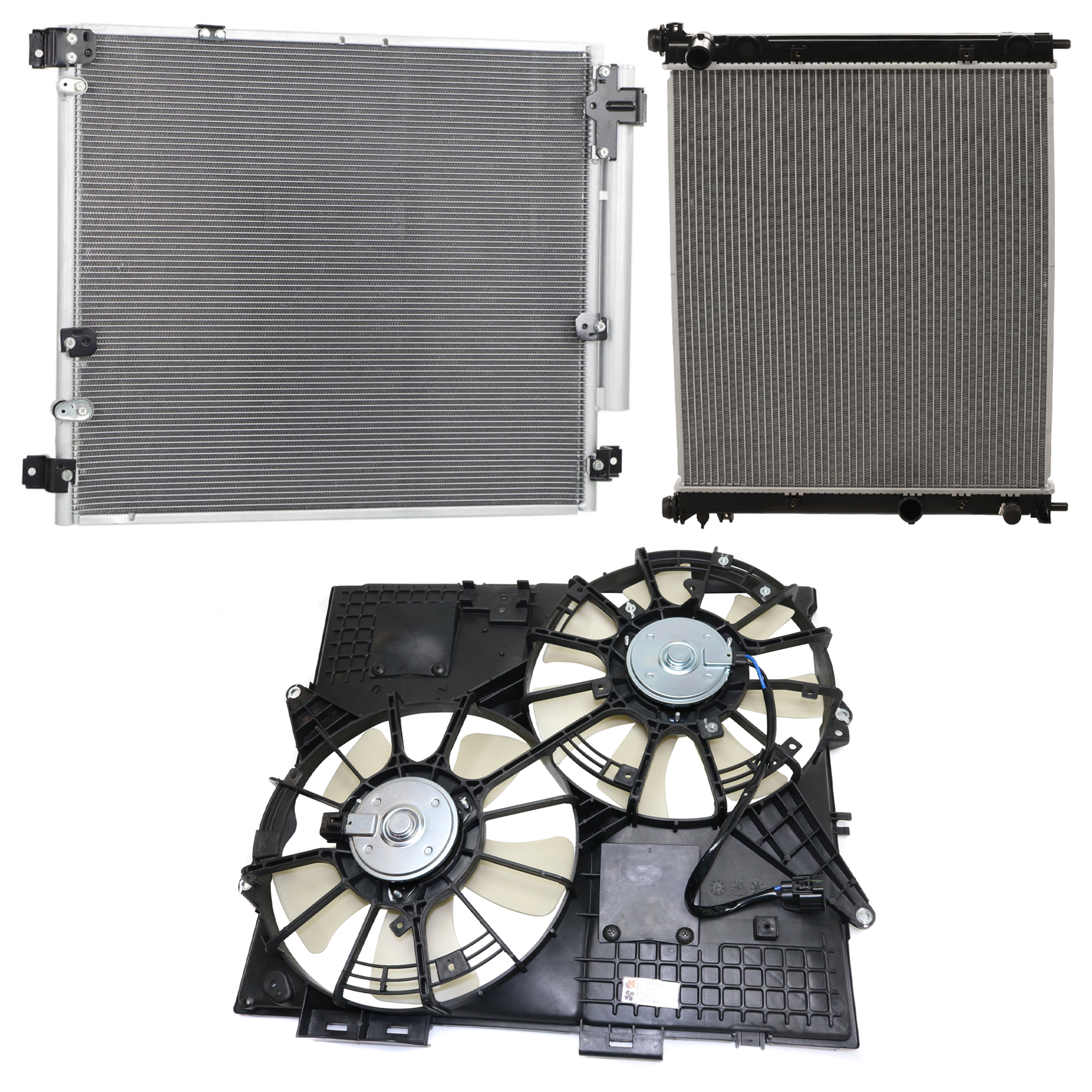 AM SRX 04-08 STS 05-08 A C CONDENSER RADIATOR COOLING FAN KIT 3 pc kit 3.6L 4.6L Eng. 6 and 8 Cyl. SKU KIT 072724-104 Partslink GM3030263 GM3120105 GM3115223 GM3010430 OEM 89022521-88957423 PFM 19129896