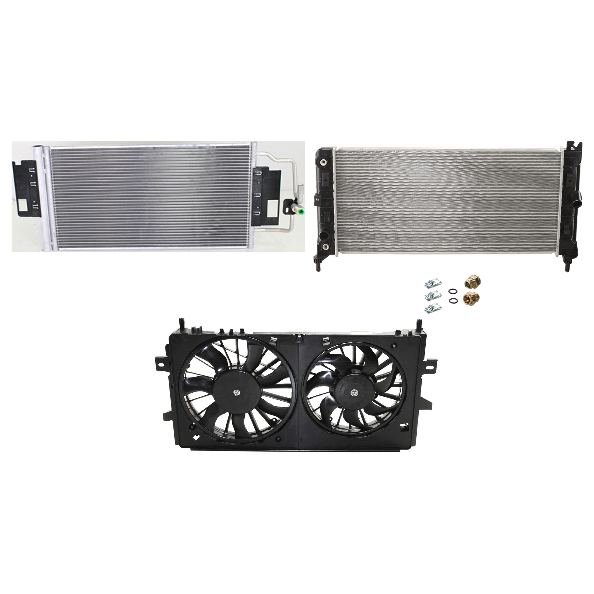 AM IMPALA 06-09 LACROSSE 08-09 A C CONDENSER RADIATOR COOLING FAN KIT 3 pc kit 3.9L 5.3L Eng. 6 and 8 Cyl. SKU KIT 072724-109 Partslink GM3030268 GM3115188 GM3010485 OEM 23287351-89018697 PFM 15140592