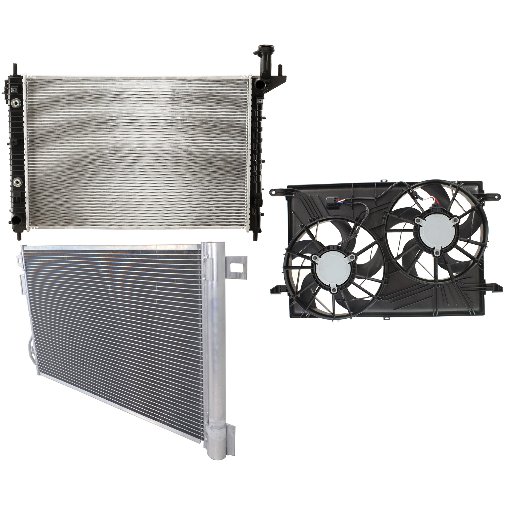 AM ACADIA 07-16 ENCLAVE 08-15 A C CONDENSER RADIATOR COOLING FAN KIT 3 pc kit 3.6L Eng. 6 Cyl. SKU KIT 072724-112 Partslink GM3030276 GM3115219 GM3010512 OEM 25975431-22918340-23434158-233