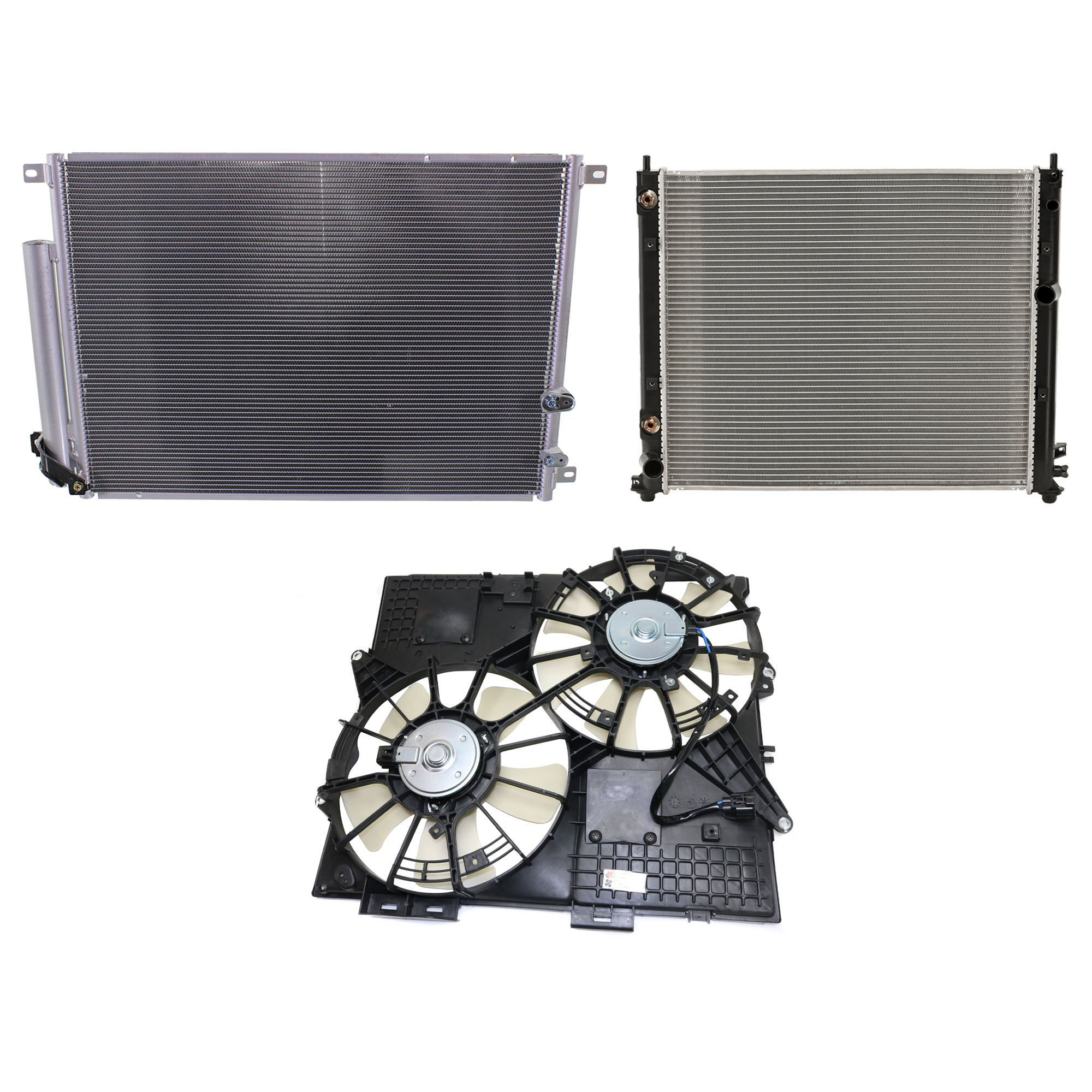 AM CTS 08-08 A C CONDENSER RADIATOR COOLING FAN KIT 3 pc kit 3.6L Eng. 6 Cyl. SKU KIT 072724-117 Partslink GM3030279 GM3120105 GM3115223 GM3010521 GM3010522 OEM 20929423-88957423 PFM 19129896