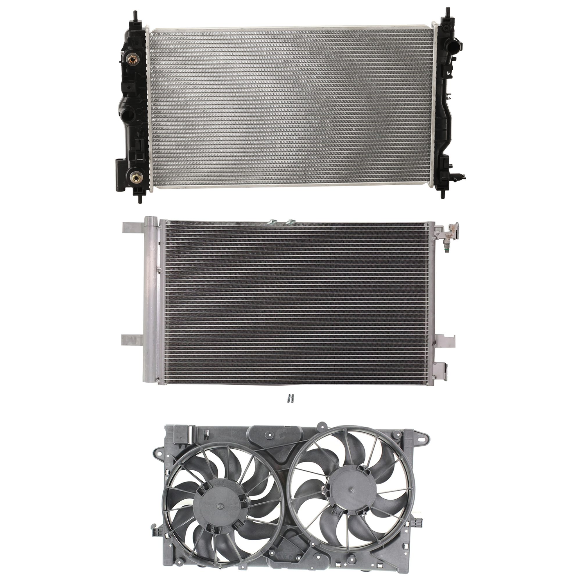 AM MALIBU 13-14 A C CONDENSER 4 Cyl. 2.4L Engine 3 pc kit w Cooling Fan Assembly and Radiator SKU KIT 072724-122 Partslink GM3030285 GM3115249 GM3010538 OEM 23305638-23131503-20979495 PFM