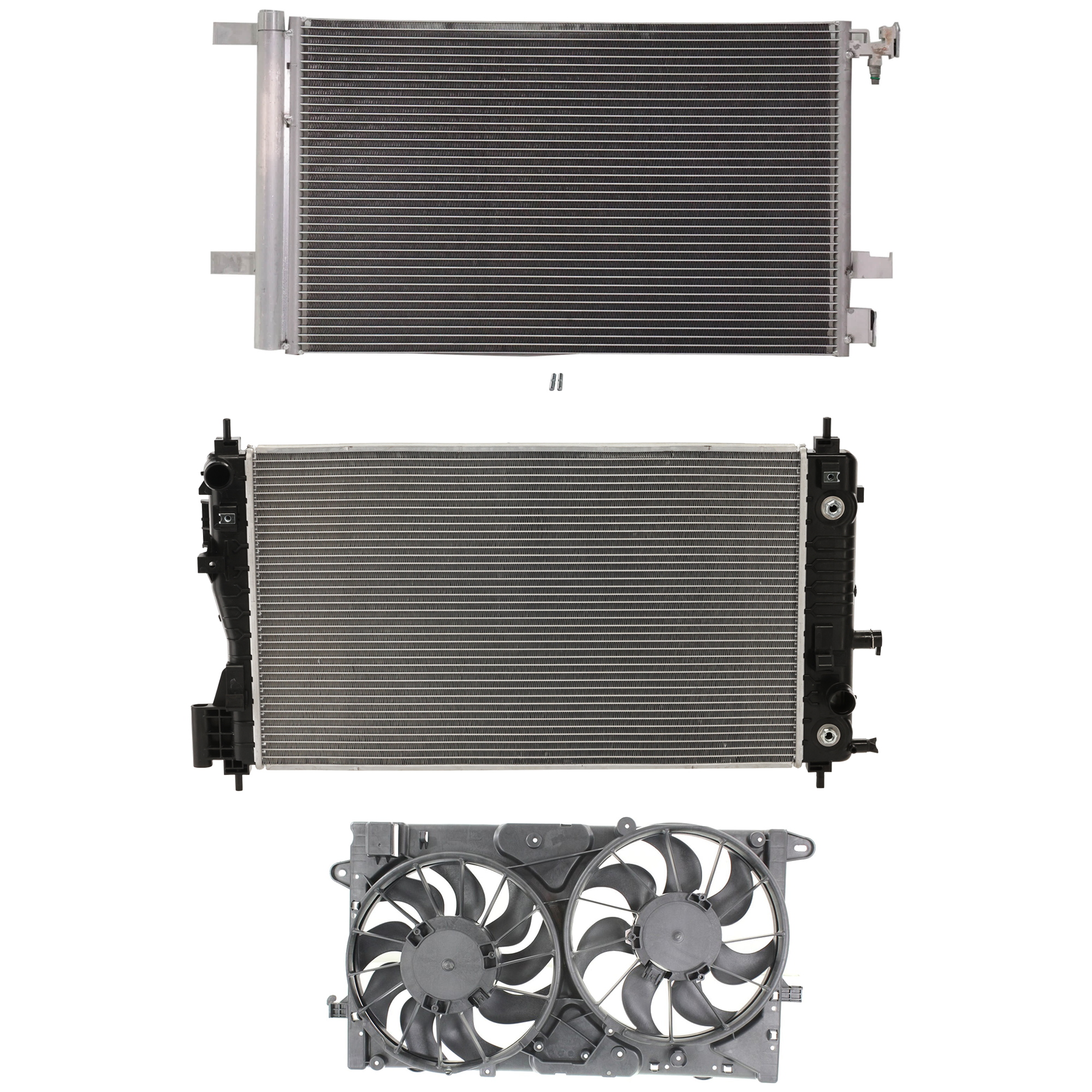 AM MALIBU 13-15 REGAL 14-17 A C CONDENSER RADIATOR COOLING FAN KIT 3 pc kit 2.0L 2.5L Eng. 4 Cyl. SKU KIT 072724-123 Partslink GM3030285 GM3115249 GM3010553 GM3010551 GM3010590 OEM 23305638-23131503-20979495 PFM