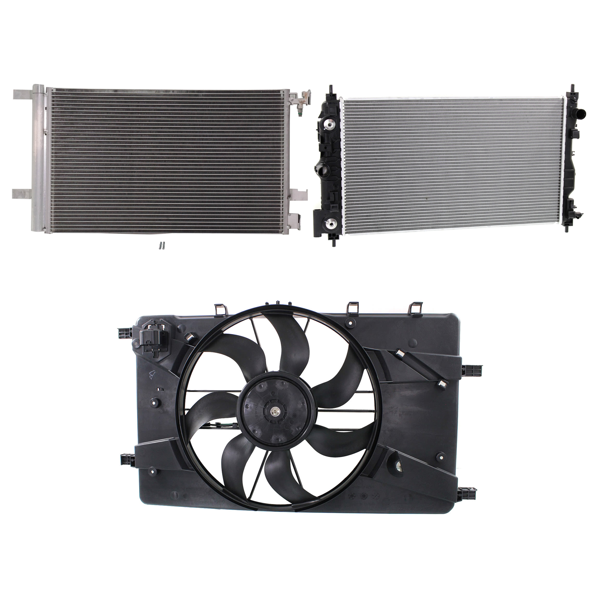 AM VERANO 12-17 A C CONDENSER RADIATOR COOLING FAN KIT 3 pc kit 2.4L Eng. 4 Cyl. SKU KIT 072724-125 Partslink GM3030285 GM3115243 GM3010547 OEM 23305638-13360890-13267665